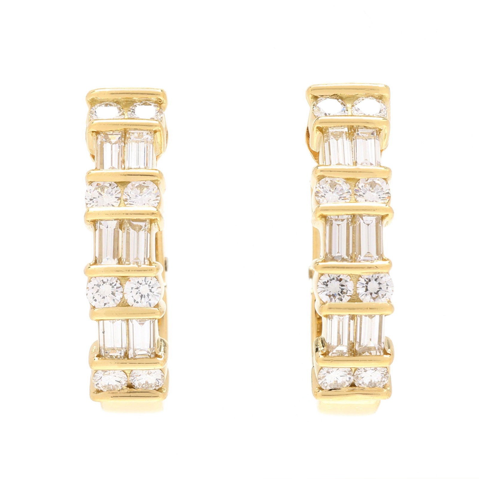 Gold and Diamond Earrings: Gold and Diamond Earrings the J hoop earrings set with round and baguette cut diamonds weighing approximately 2.0 total carats (F-G color, VS1-VS2 clarity), completed with a post and omega clip