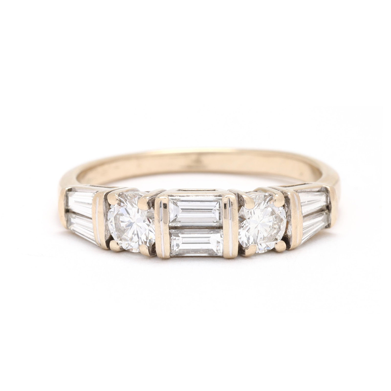 Bi-Color Gold and Diamond Band: Bi-Color Gold and Diamond Band the band set in white gold with full cut round and baguette cut diamonds weighing approximately 1.00 total carats (H-I color, SI1-SI2 clarity), completed with a gold