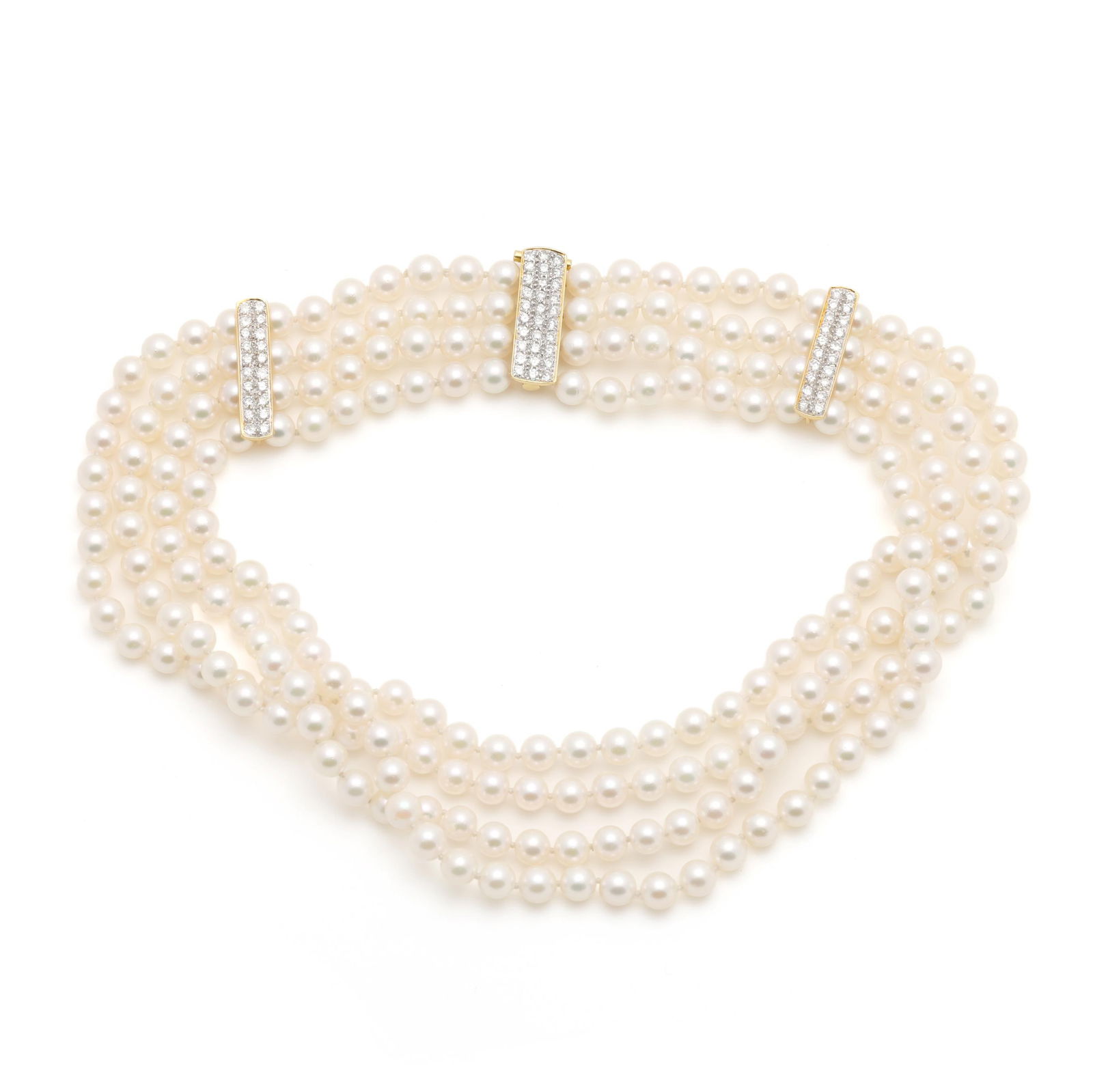 Pearl Choker Necklace with Gold and Diamond Stations: Pearl Choker Necklace with Gold and Diamond Stationsstrung knotted with (4) strands of round white cultured pearls (5.75 - 6.10mm) and with gold stations pavé set with full cut round diamonds, and co