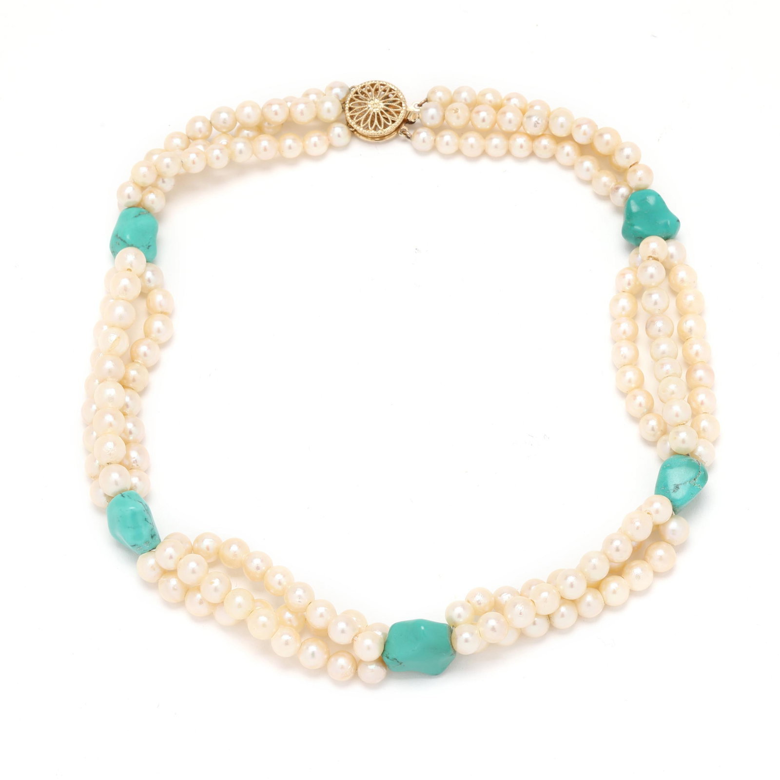 Gold, Pearl, and Turquoise Choker Necklace: Gold, Pearl, and Turquoise Choker Necklacethe triple strand station necklace strung with three strands of (56) round cultured pearls (5.5mm to 6.0mm) and with five turquoise stations, completed with a