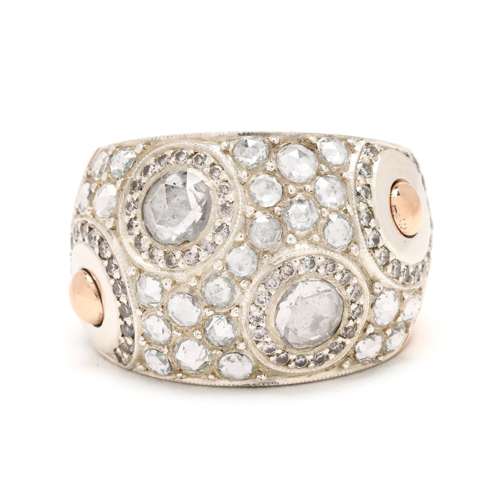 Bi-Color Gold and Diamond Band, signed: Bi-Color Gold and Diamond Band, signedthe top in white gold, set throughout with rose cut diamonds (E-F color, VS2-SI1 clarity), full cut round diamonds weighing approximately 1.00 total carat (E-F co