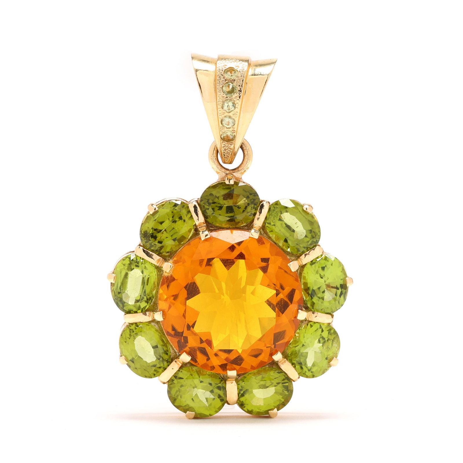 Gold, Citrine, and Peridot Flower Motif Pendant: Gold, Citrine, and Peridot Flower Motif Pendantthe flower motif pendant centered on a round cut citrine (20mm) weighing approximately 19.50 carats within a surround of oval cut peridot (8.5 x 6.5mm) w