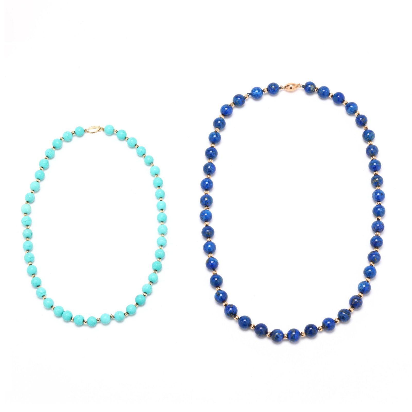 Two Gold and Beaded Necklaces: Two Gold and Beaded Necklacesto include: a necklace strung with round lapis lazuli beads (10mm) alternating with gold spacer beads (4mm), completed with a gold box clasp, stamped 14K585 (22.75 in.); a