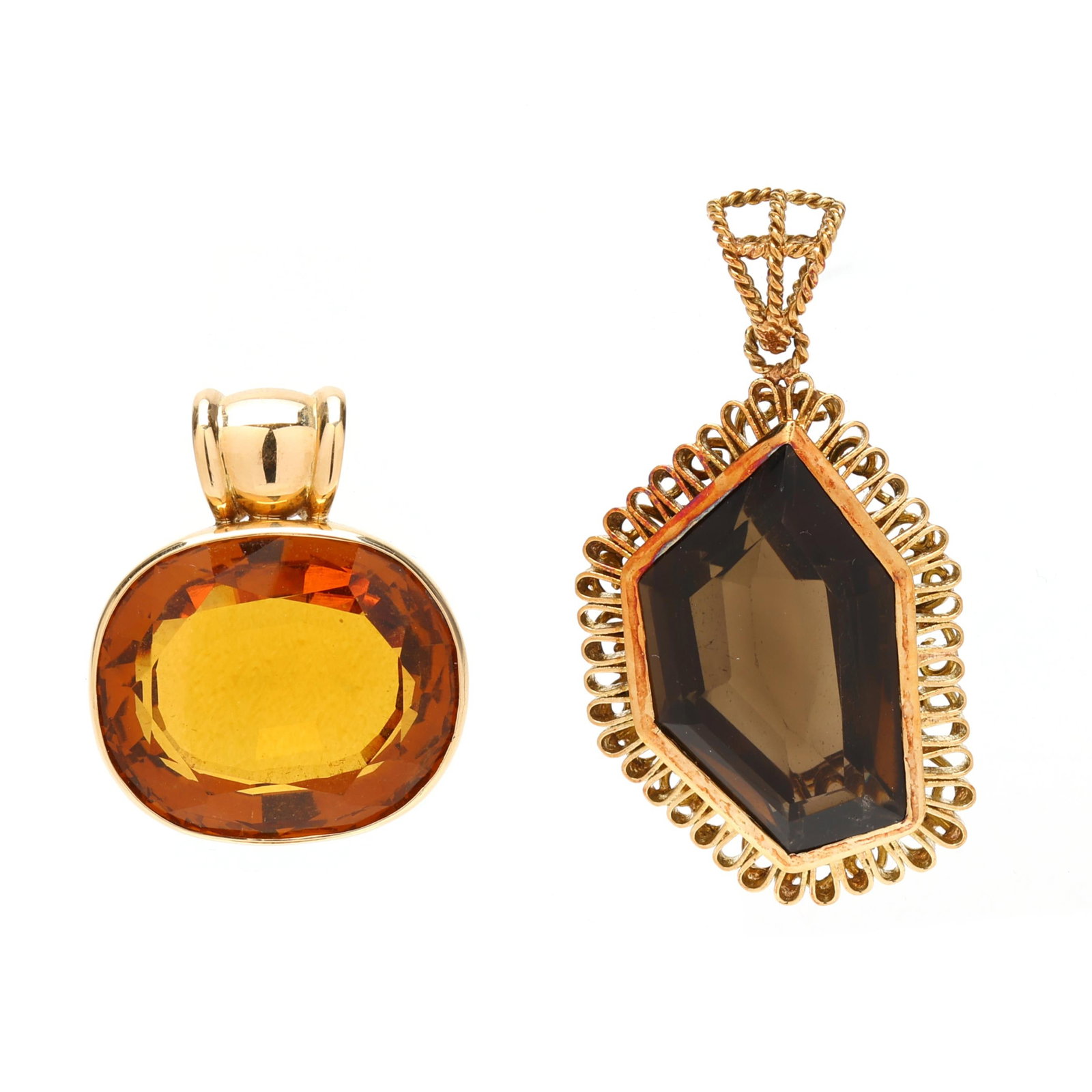Two Gold and Quartz Pendants: Two Gold and Quartz Pendants to include: a gold pendant bezel set with an oval cut citrine (28.0 x 23.5 x 12.75mm) weighing approximately 49 carats, completed with a fixed wide bail, stamped 750 (1