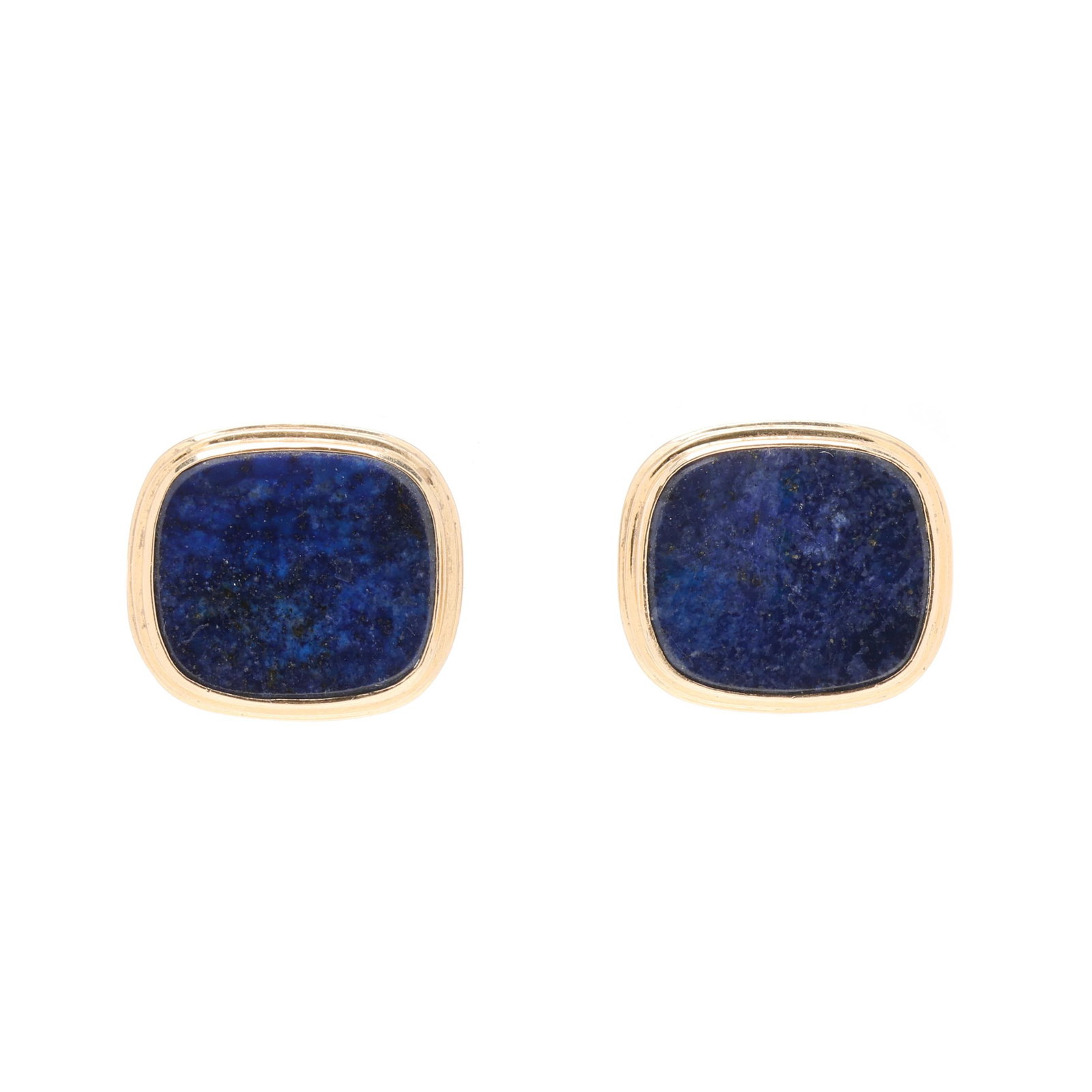 Gold and Lapis Lazuli Earrings: Gold and Lapis Lazuli Earrings centered on tablet cut lapis lazuli with a gold stepped surround, completed with post and omega clip back, stamped 14K. 5/8 x .75 in. 5.4 dwt. Private Collection,