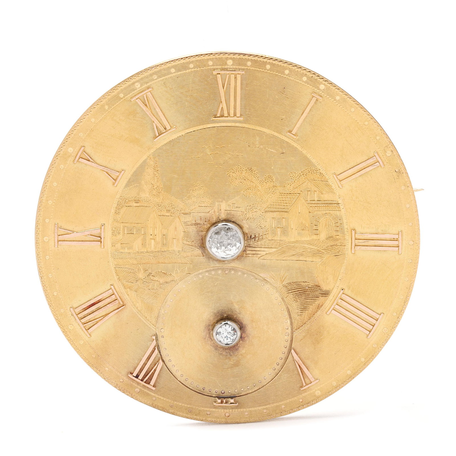 Gold and Diamond Watch Dial Pendant / Brooch: Gold and Diamond Watch Dial Pendant / Brooch the gold watch dial with engraved pastoral scene and Roman numeral hour markers, bezel set to the center and to the seconds sub dial with full cut round
