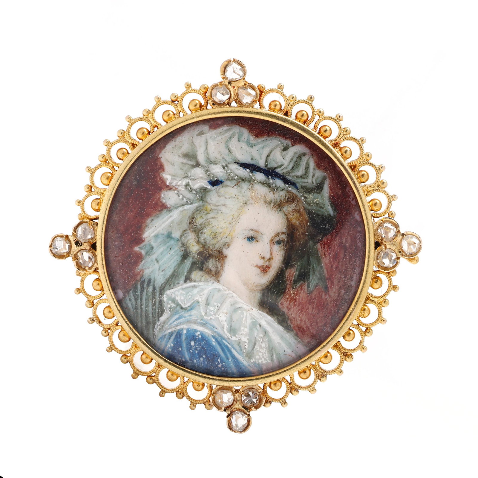 Gold and Diamond Miniature Portrait Brooch: Gold and Diamond Miniature Portrait Broochthe circular brooch centered on a portrait of a classical woman, with beaded design surround, and set to four points with rose cut diamonds, completed with a