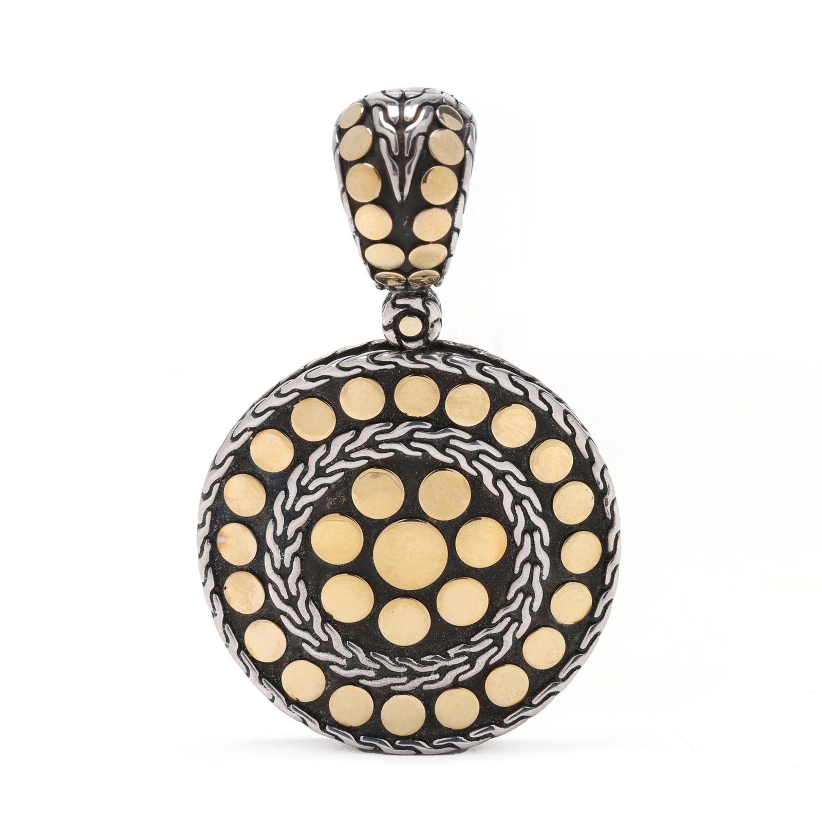Silver and Gold Dot Pendant, John Hardy: Silver and Gold Dot Pendant, John Hardythe circular silver pendant with gold dot accents, completed with a hinged bail, signed and stamped 925 / 1/3 18K. 1.75 x 1 1/8 in. 0.450 troy oz. Private Collec