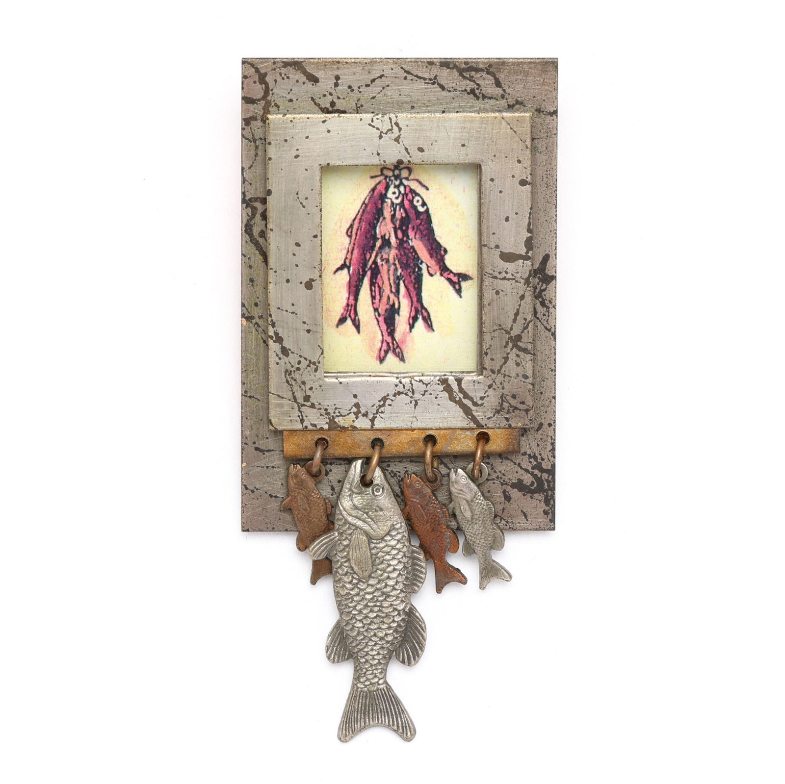 Silver Plated Picture Frame Brooch, Parvenue: Silver Plated Picture Frame Brooch, Parvenue the brooch in the form of a picture frame with the image of fish, suspending fish motif charms, completed with a copper backing and a single locking pin