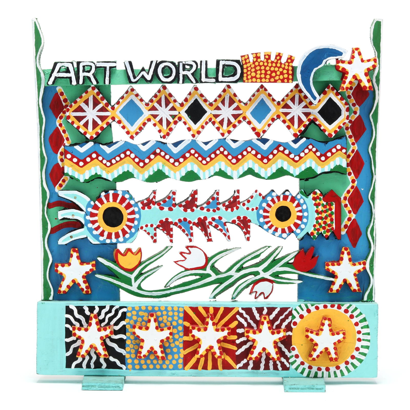 James Harold Jennings (NC, 1931-1999), Art World: James Harold Jennings (NC, 1931-1999), Art Worldlate 20th century, carved and painted wood construction, signed "SUN MOON STARS" with signature to verso, old sale label affixed to verso. 17 x 15 7/8 x