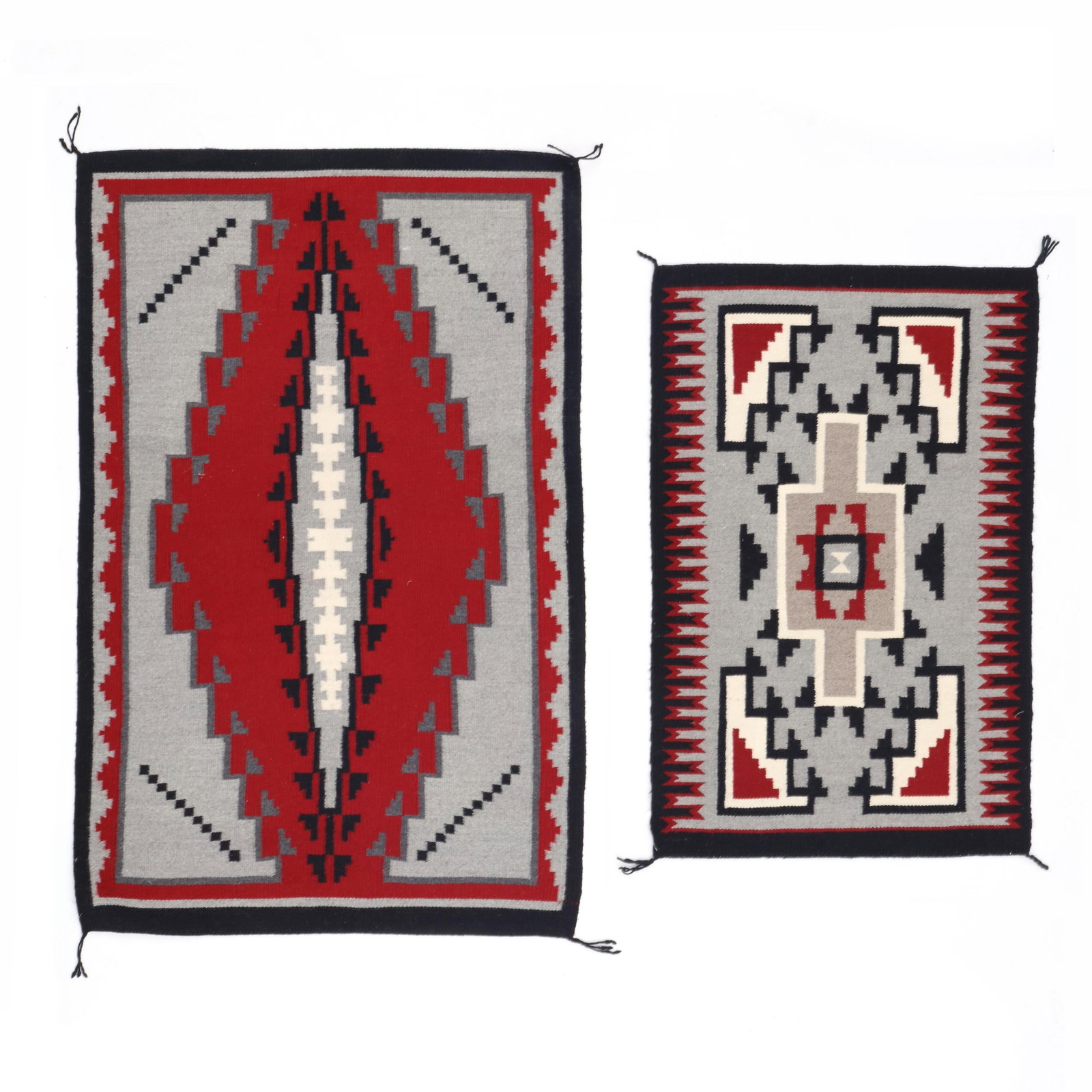 Two Vintage Navajo Blanket Weavings, Klagetoh-Ganedo: Two Vintage Navajo Blanket Weavings, Klagetoh-Ganedo mid-20th century, woven wool, featuring a central stepped diamond form lozenge in gray back and bold red with cream white center, on gray field wit
