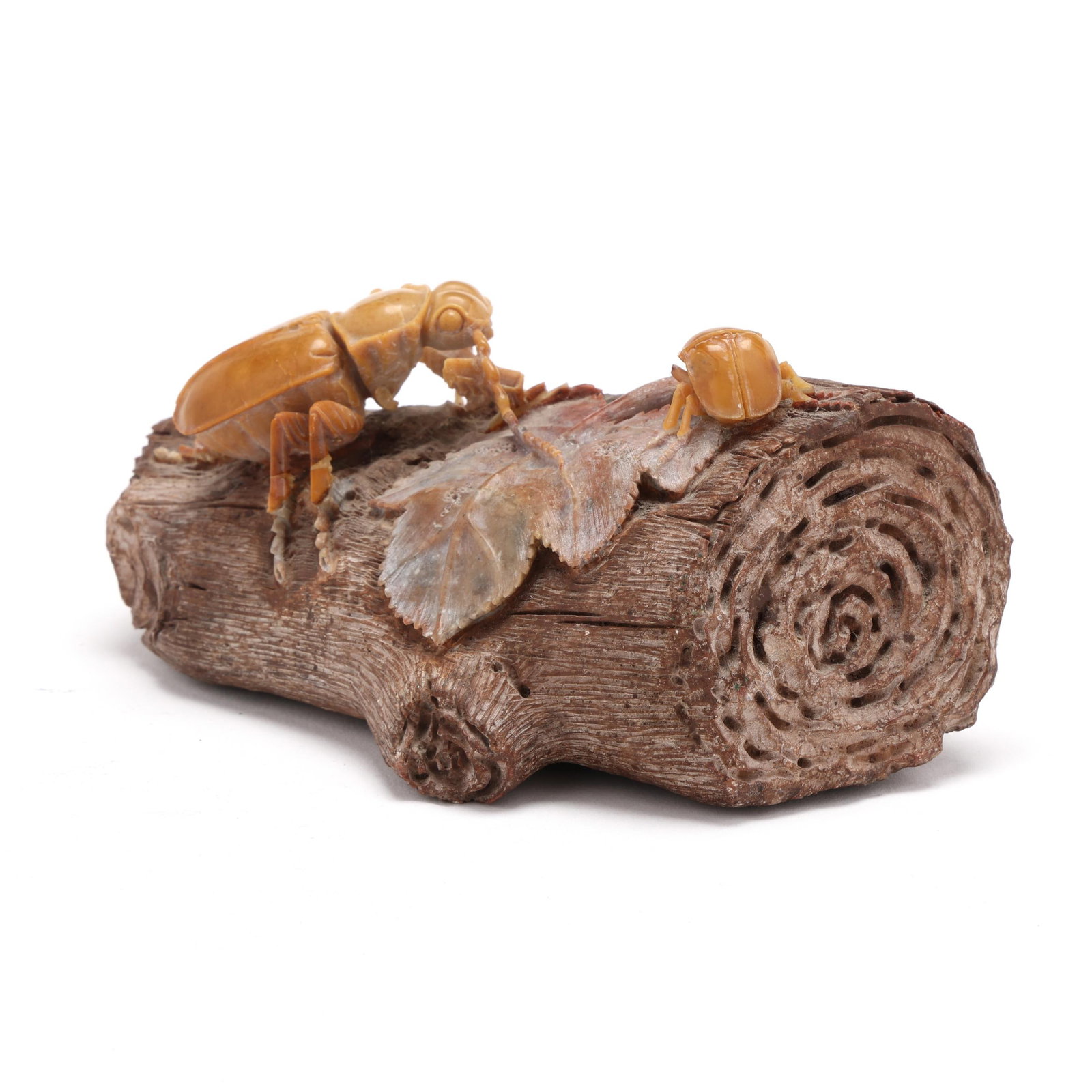 Japanese Carved Onyx Okimono of Two Beetles on a Log: Japanese Carved Onyx Okimono of Two Beetles on a Logprobably Meiji period (1868-1912), intricately carved and polished onyx with two beetles in high relief crawling across a bas-relief leaf atop a log