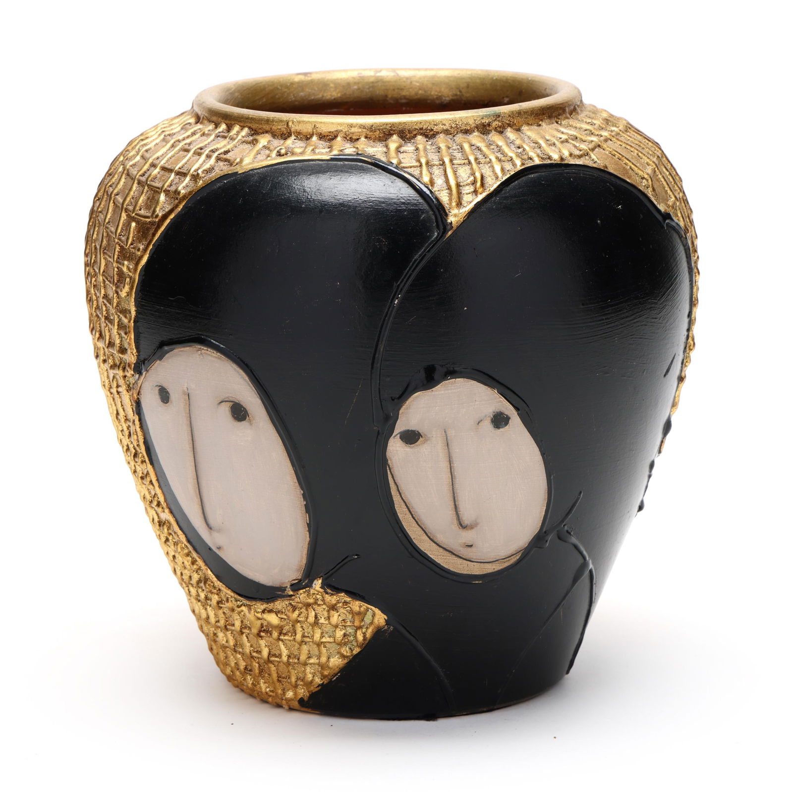 Stephen White (NC), Gilt and Painted Pottery Vase with Two Ladies: Stephen White (NC), Gilt and Painted Pottery Vase with Two Ladiescirca 1998, gilt and painted earthenware, the body with ribbed surface from paint with two ladies in black hoods wrapping one side, sig