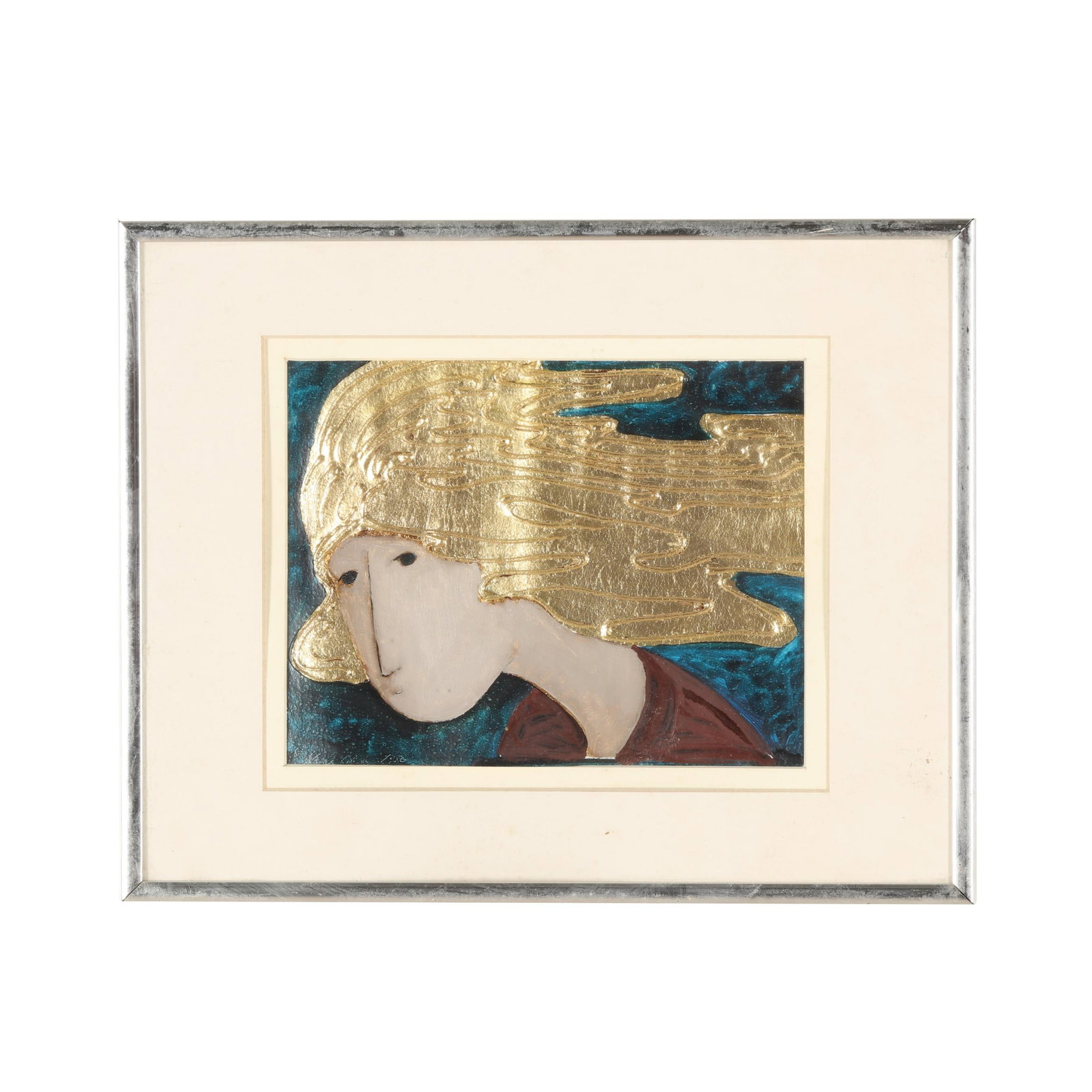 Stephen White (NC), Woman with Gold Hair: Stephen White (NC), Woman with Gold Hairoil and gold leaf on paper, 1986, signed and dated at lower left, framed below glass. Sheet sight 6 3/4 x 8 5/8 in.; Frame dimensions 11 3/8 x 14 1/2 in. Stephe