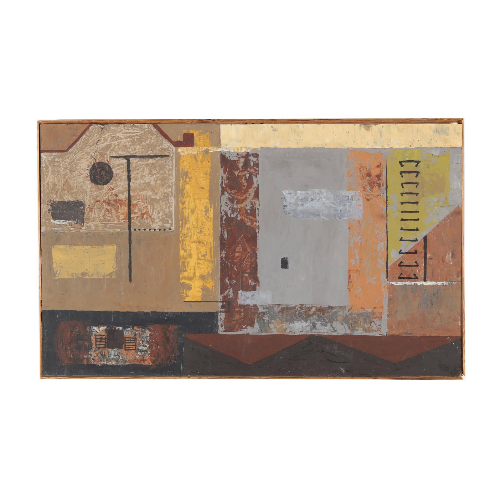 Vintage Abstract Architectural Painting: Vintage Abstract Architectural Paintingoil on masonite, not signed, framed. Frame dimensions 18 1/2 x 30 1/4 in. Additional high-resolution photos are available at www.lelandlittle.com