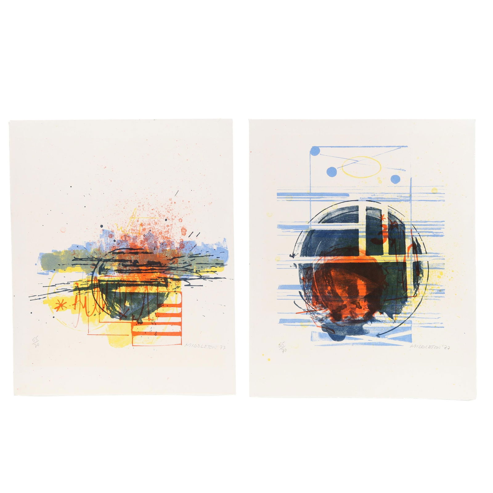 Sam Middleton (American, 1927-2015), Two Lithographs: Sam Middleton (American, 1927-2015), Two Lithographseach a lithograph in colors, 1977, both pencil signed, dated, and numbered 55/70 lower margin, unframed. Sheet size 13 5/8 x 11 1/4 in. Sam Middleto