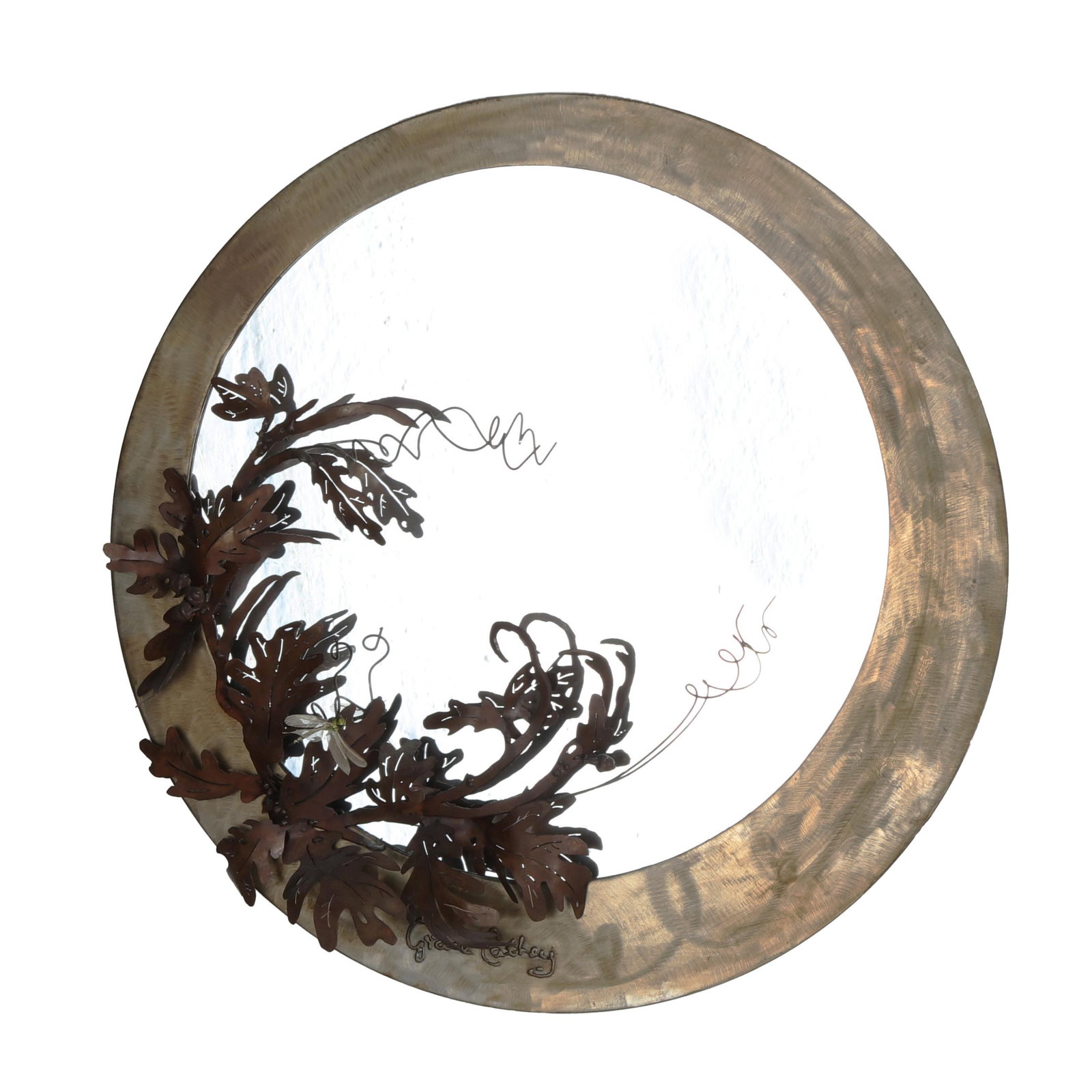 Grace Cathey (NC), Round Metal Mirror: Grace Cathey (NC), Round Metal Mirrorsheet metal frame signed to lower left, with applied copper finished metal oak leaves and branches with acorn bunches to lower left, small paper and cloth dragonfl