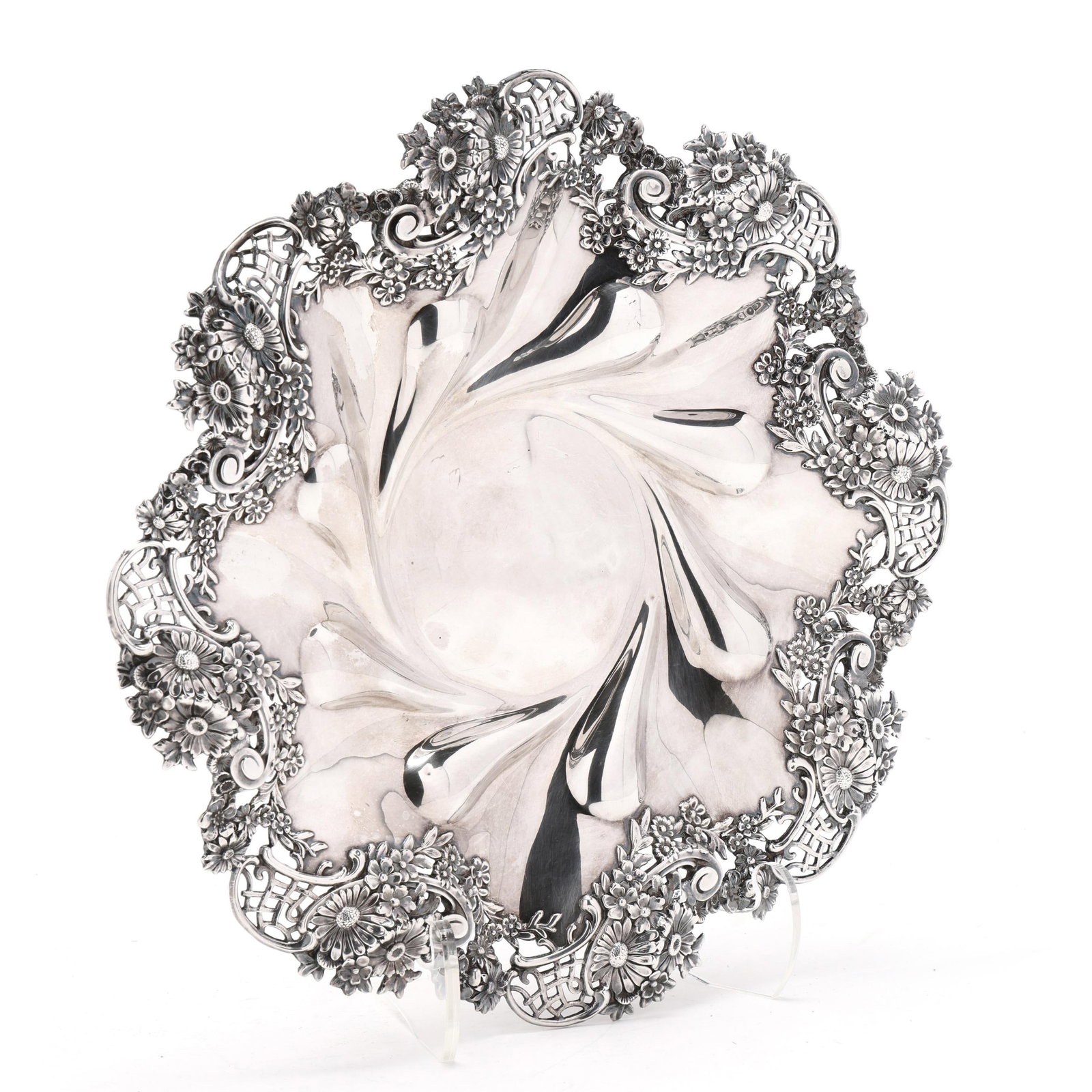 Redlich Sterling Silver Cake Stand, Retailed by J. Caldwell & Co.: Redlich Sterling Silver Cake Stand, Retailed by J. Caldwell & Co.New York, circa 1910, pattern number 3057, with a wavy scalloped rim featuring openwork foliate, scrolled, and woven motifs, not monogr