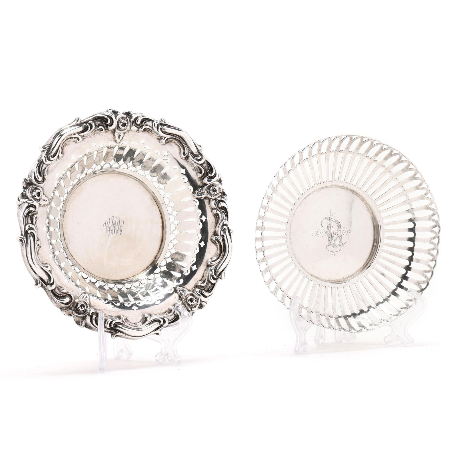 Two Antique American Sterling Silver Baskets: Two Antique American Sterling Silver Basketsthe first, mark of Whiting, date mark of 1907, with stylized "R" monogram (1 1/2 x 7 in. dia.); the second, mark of Bailey, Banks, & Biddle Co., pattern num