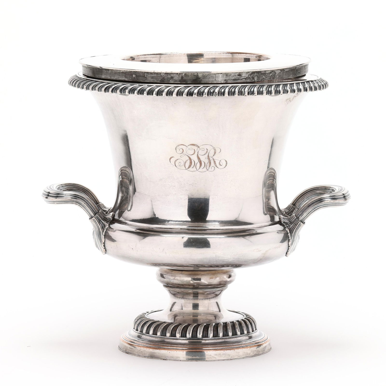 Silver-Plated Wine Cooler with Liner, Belonging to R. J. Reynolds: Silver-Plated Wine Cooler with Liner, Belonging to R. J. Reynolds early 20th century, classical urn form with dual branch handles, engraved "FROM MOTHER" to the underside, with script "RJR" monogram p