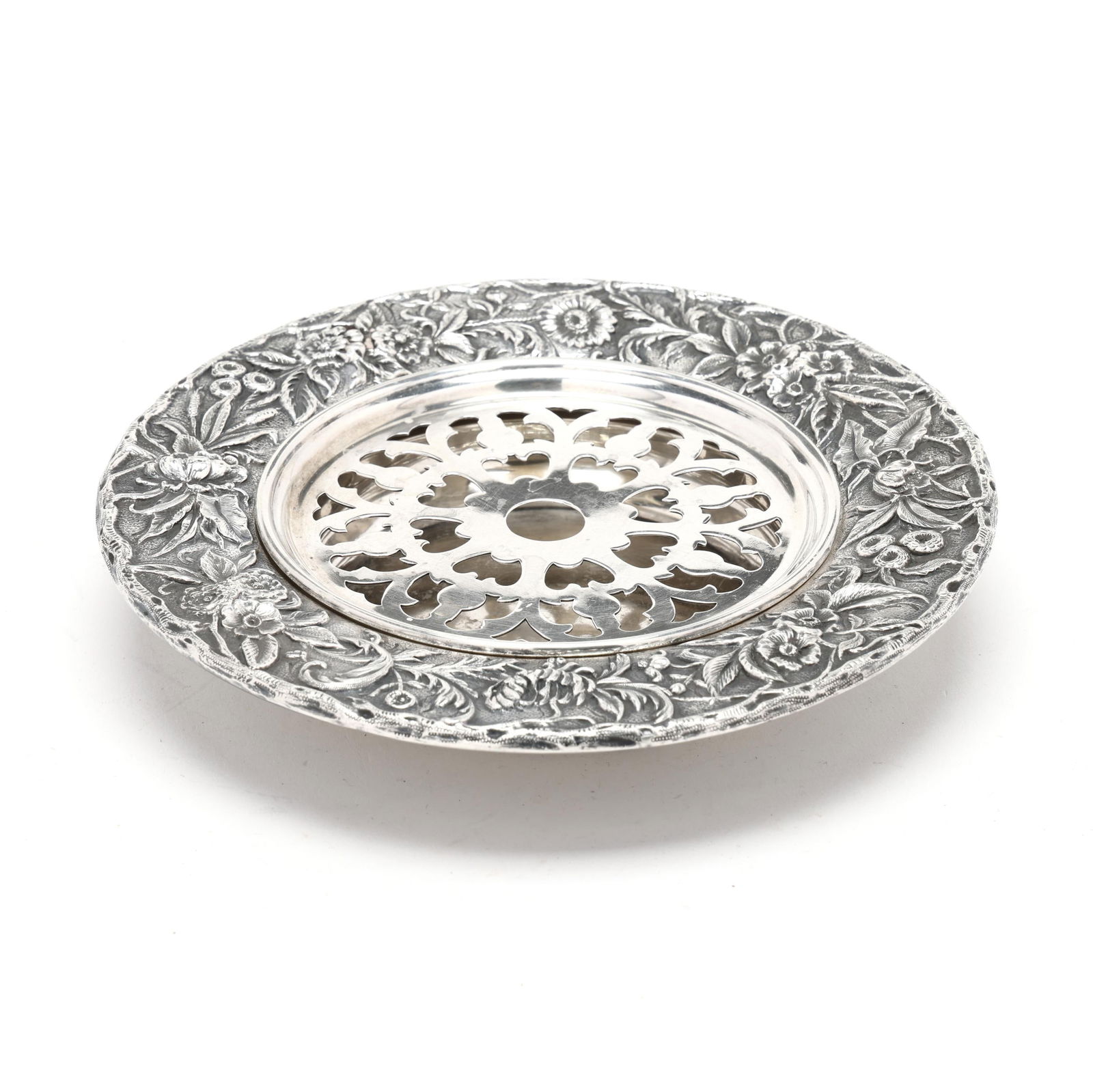 S. Kirk & Son Inc. Repousse Sterling Silver Butter Dish: S. Kirk & Son Inc. Repousse Sterling Silver Butter Dish pattern number 60F, the rim featuring hand-decorated floral decoration on a stippled ground, with a reticulated insert, not monogrammed. 7