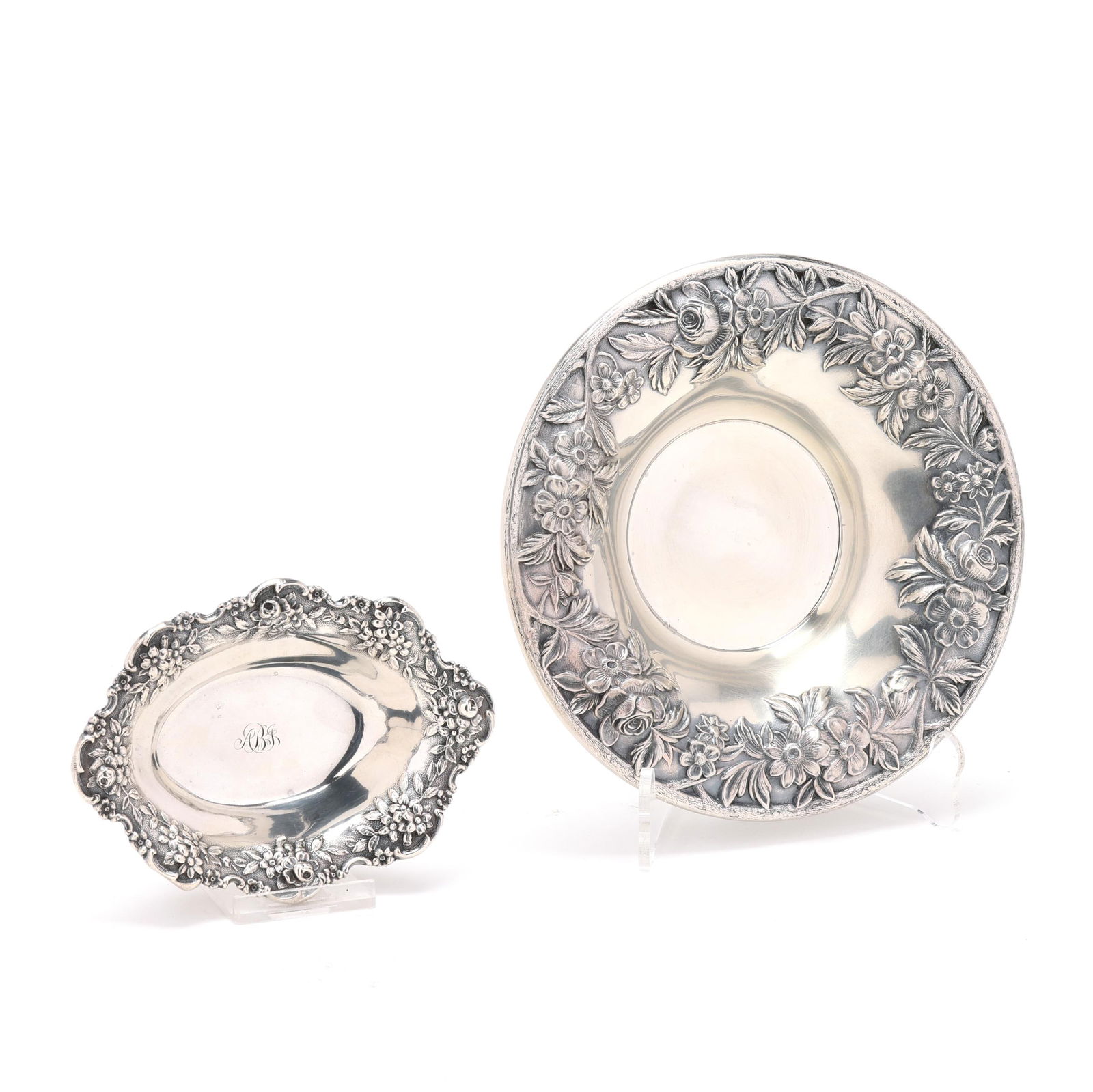 Two Small S. Kirk & Son Repousse Sterling Silver Bowls: Two Small S. Kirk & Son Repousse Sterling Silver Bowls includes a bon bon bowl, pattern number 13 (6 in. dia.); and a nut bowl, pattern number 142, monogrammed "ABJ" (3 1/4 x 4 5/8 in.). 5.6 total