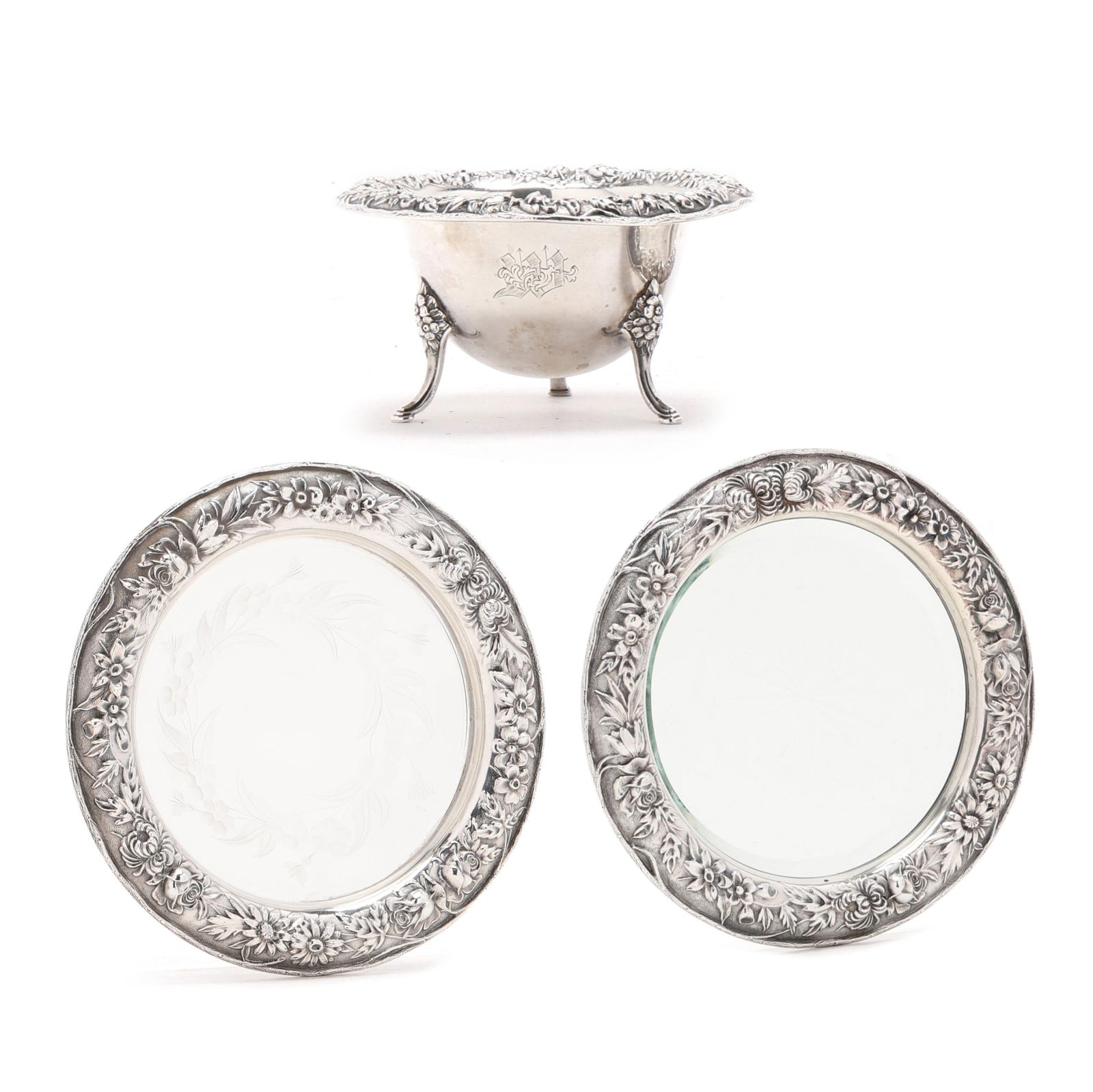 S. Kirk & Son Repousse Sterling Silver Mayonnaise Bowl, Wine Coaster, and Bon Bon Dish: S. Kirk & Son Repousse Sterling Silver Mayonnaise Bowl, Wine Coaster, and Bon Bon Dish the mayonnaise bowl, pattern number 207, not monogrammed (3 x 5 in. dia.); the wine coaster with a cut glass