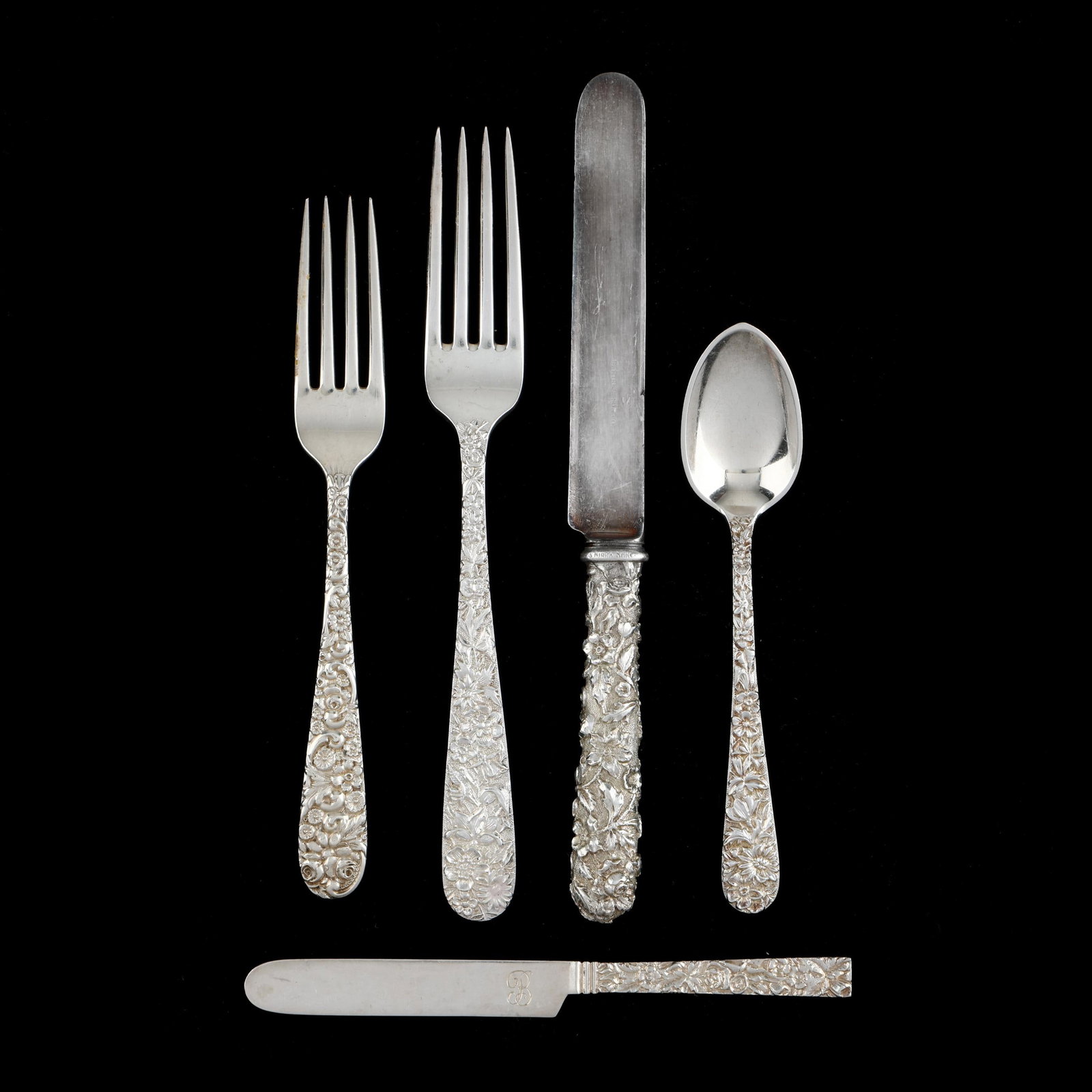 Assembled Sterling Silver Repousse Flatware Service: Assembled Sterling Silver Repousse Flatware Service(60) pieces total to include: with marks of S. Kirk & Son Co.: (3) dinner knives (9 5/8 in.); (6) luncheon knives (8 3/8 in.); (8) dinner forks (7 3/