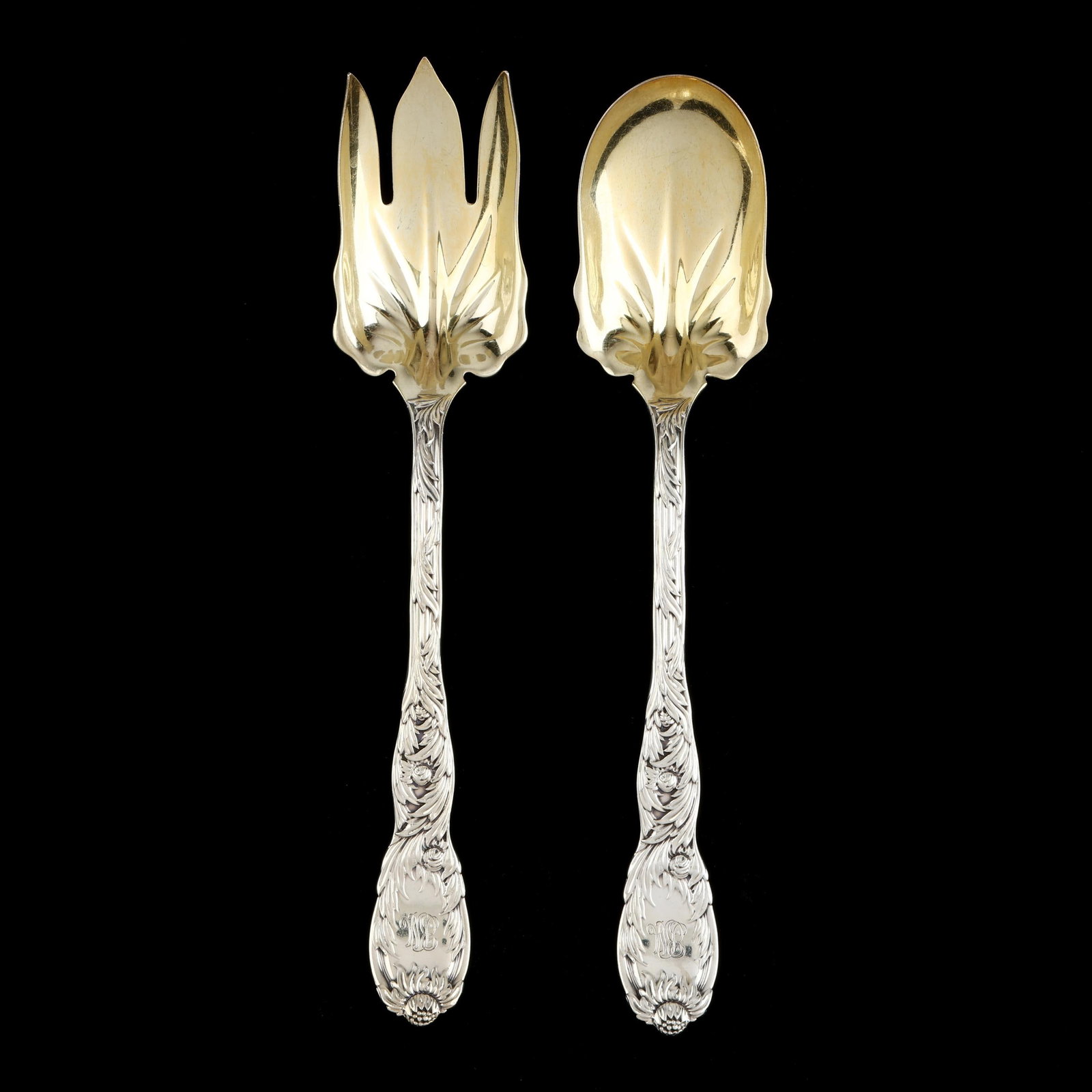 Tiffany & Co. Chrysanthemum Sterling Silver Salad Serving Set: Tiffany & Co. Chrysanthemum Sterling Silver Salad Serving Set late 20th century, with gold wash bowls and uniform monograms. 10 in. 7.7 troy oz. Additional high-resolution photos are available