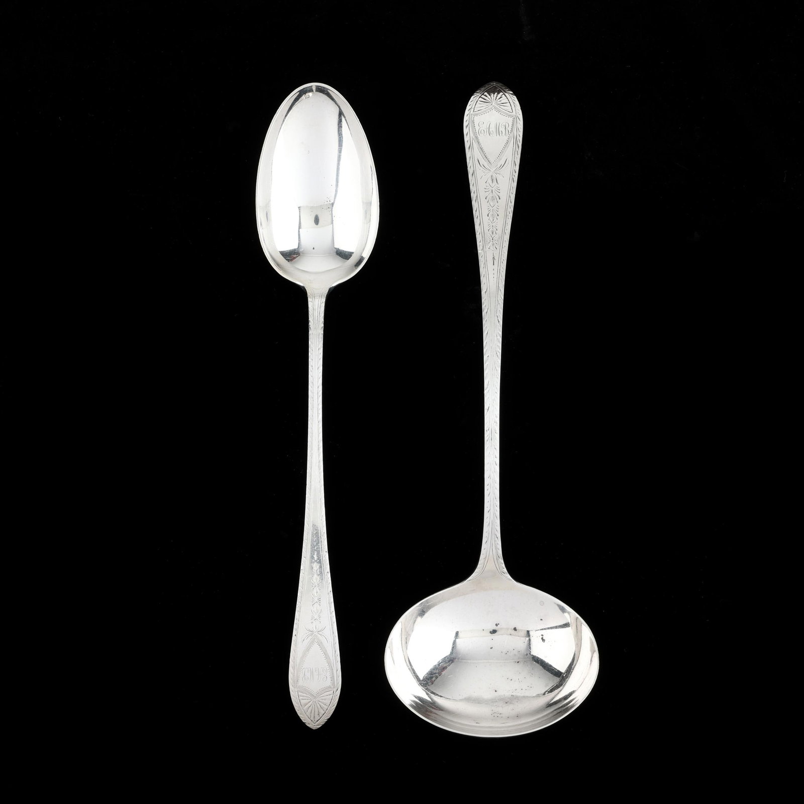 Two Tiffany & Co. Queen Anne / Faneuil-Engraved Sterling Silver Flatware Servers: Two Tiffany & Co. Queen Anne / Faneuil-Engraved Sterling Silver Flatware Serversincludes a ladle in the Queen Anne pattern, with period mark circa 1873-1891, directorship of Edward Moore (13 3/4 in.);