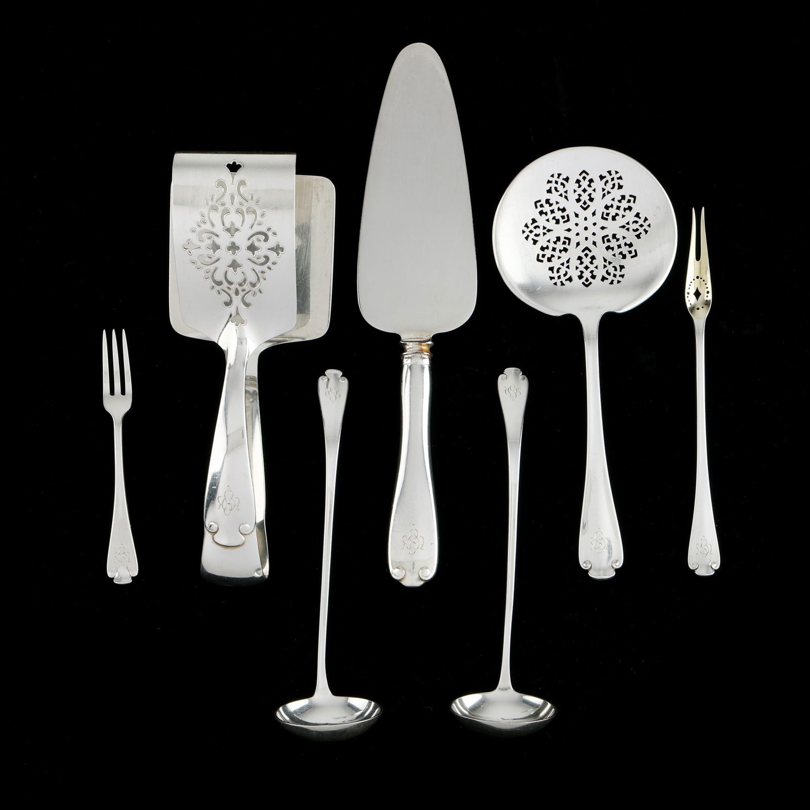 Seven Tiffany & Co. Flemish Sterling Silver Serving Flatware: Seven Tiffany & Co. Flemish Sterling Silver Serving Flatwareperiod marks circa 1907-1947, directorship of John C. Moore II, includes a pie server, pair of asparagus tongs, tomato server, pair of cream
