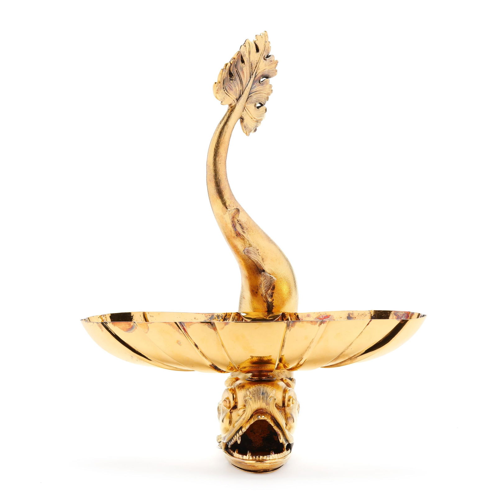 Tiffany & Co. Italian Silver-Gilt Dolphin Centerpiece: Tiffany & Co. Italian Silver-Gilt Dolphin Centerpiece 20th century, in the form of a dolphin or porpoise mounted with a shell form oblong centerpiece bowl, the surface hand-decorated with