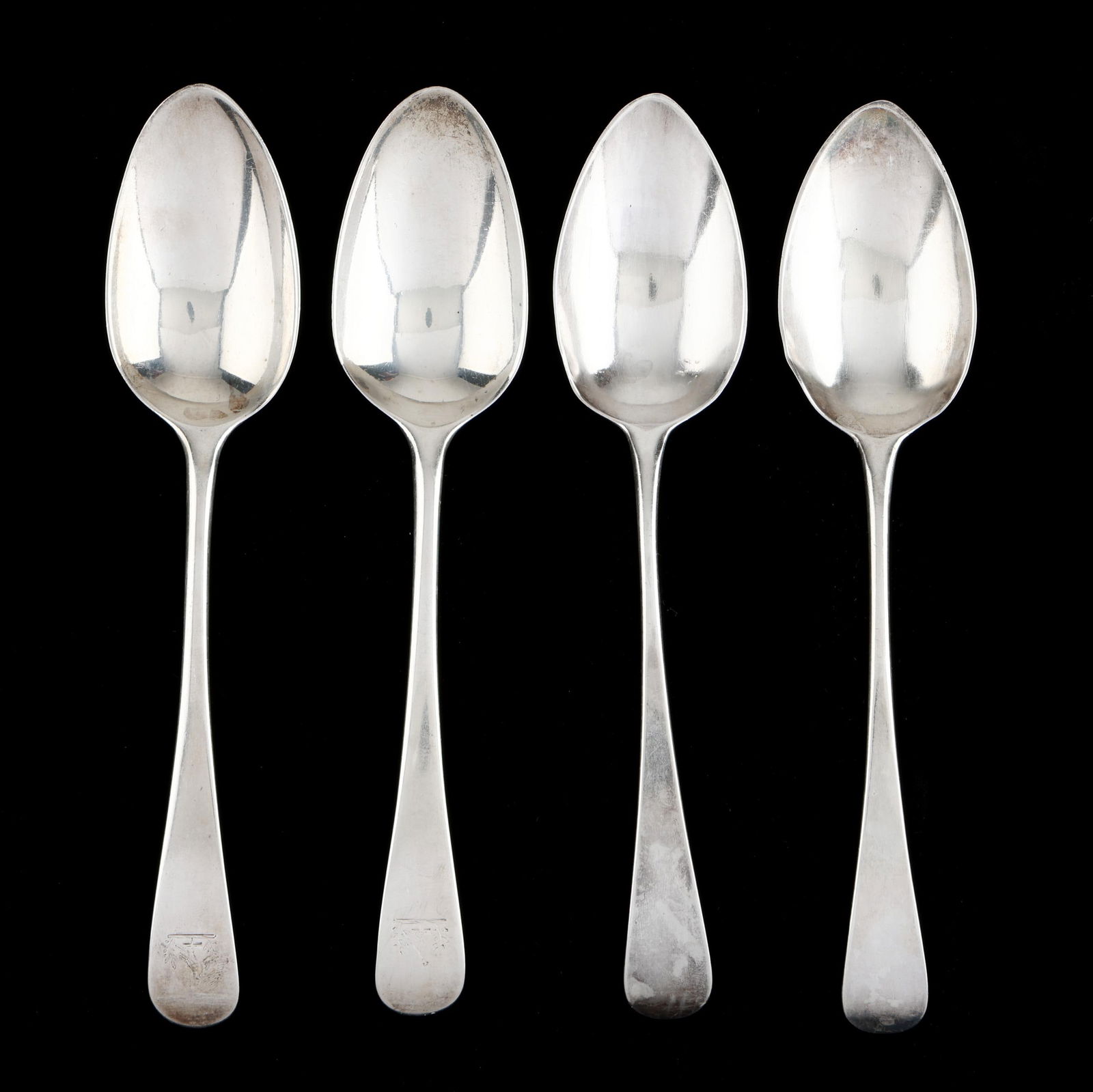 Four Georgian Silver Tablespoons: Four Georgian Silver Tablespoons includes a pair with mark of Richard Crossley, London (1789) or (1809), with armorial monograms (8 1/2 in.); and a pair with mark of Peter, Ann & William Bateman,
