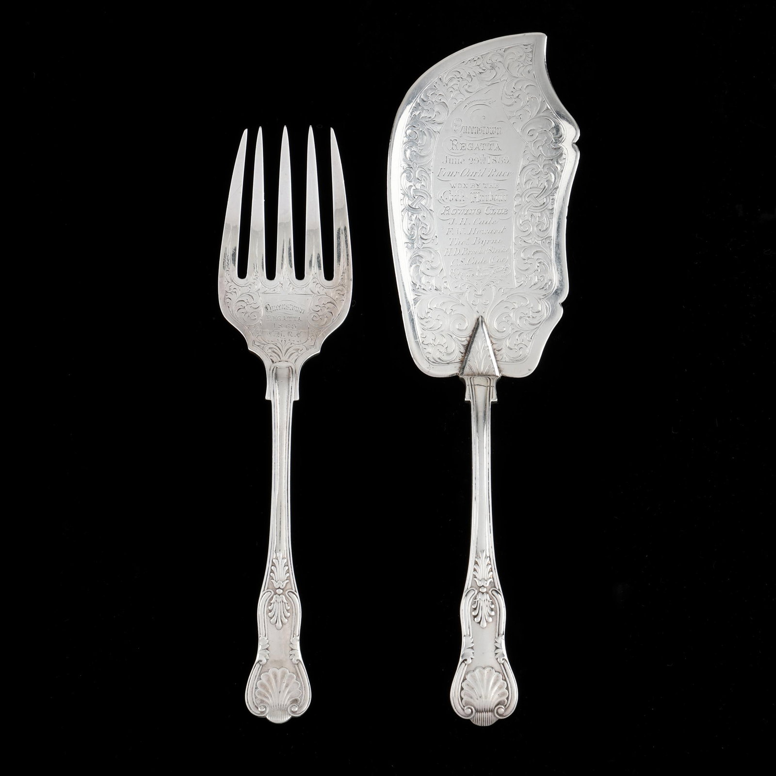 Victorian Silver Presentation Fish Set, Queenstown Regatta: Victorian Silver Presentation Fish Set, Queenstown Regatta mark of Martin, Hall & Co., Sheffield (1869), each in the Kings pattern, the slice engraved "Queenstown Regatta / June 29th 1869 / Four