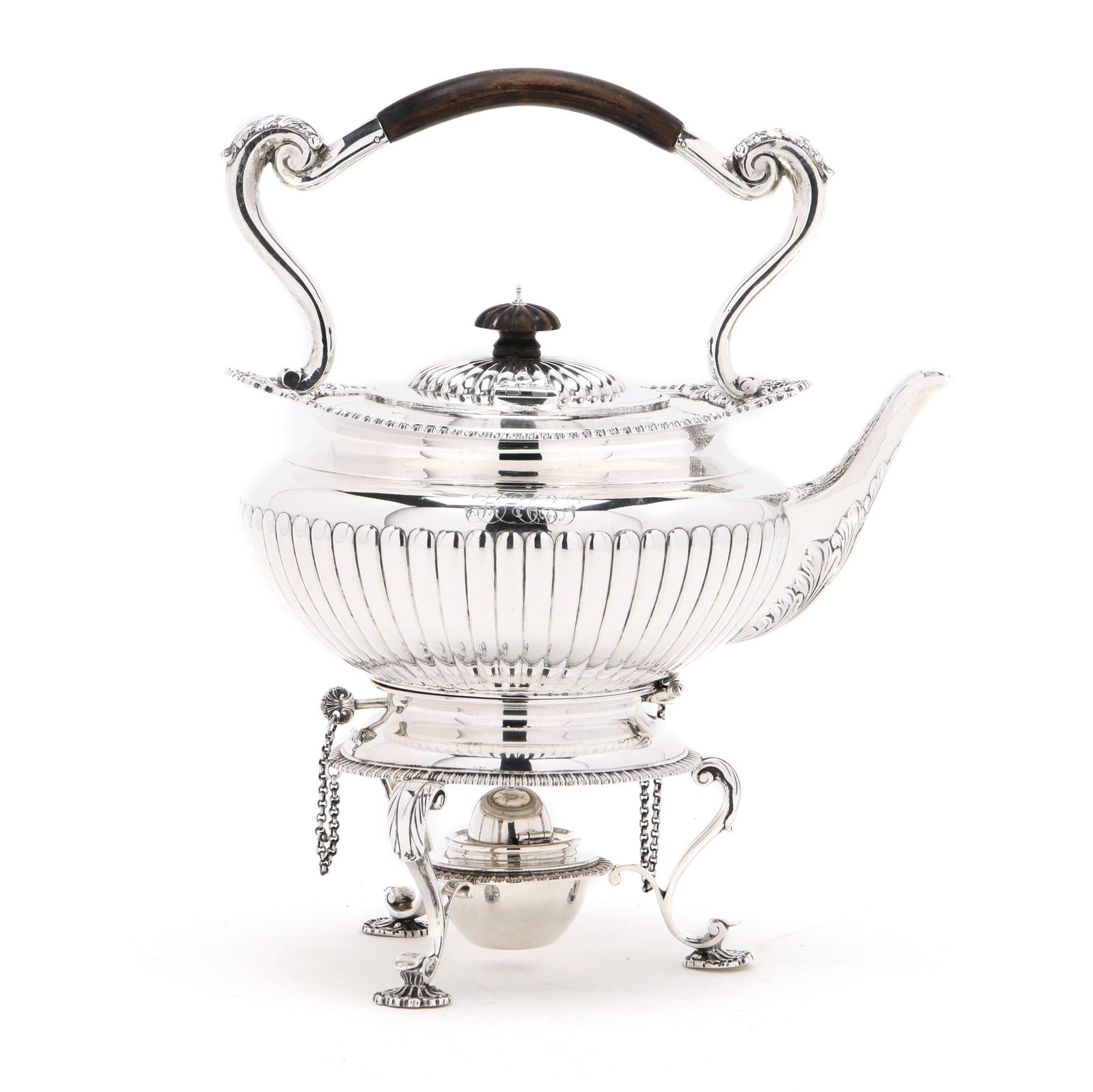 Edwardian Silver Spirit Kettle on Stand, Mark of Edward Barnard & Sons Ltd.: Edwardian Silver Spirit Kettle on Stand, Mark of Edward Barnard & Sons Ltd. London (1902-3), in the Georgian style featuring a bulbous fluted body, egg and dart decoration to the rims, and shell