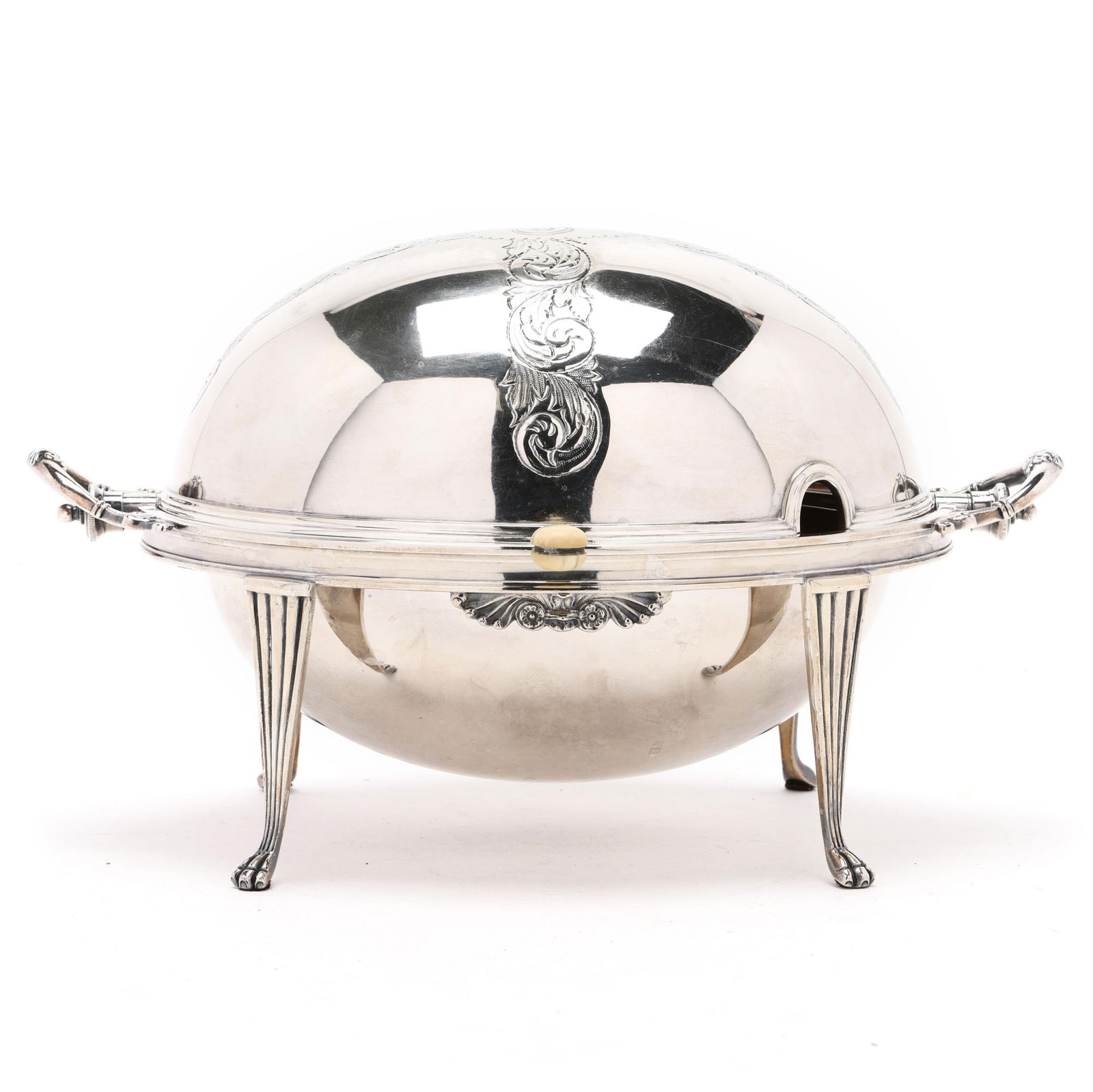 Sheffield Silver-Plated Breakfast Server, Mark of Walker & Hall: Sheffield Silver-Plated Breakfast Server, Mark of Walker & Hall late 19th century, the lid with hand-chased foliate decoration, the rotating server opens to reveal an interior with reticulated and