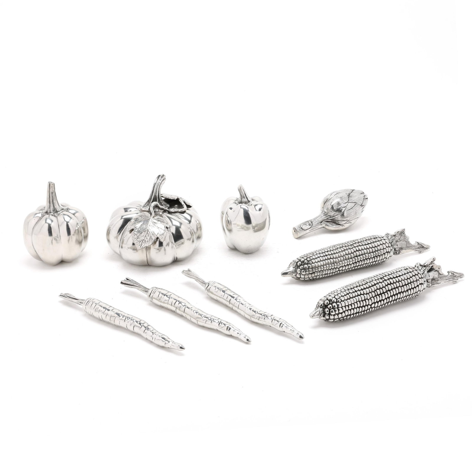 Assortment of Nine Contemporary Silver-Plated Vegetables: Assortment of Nine Contemporary Silver-Plated Vegetableslate 20th century, not marked includes a pumpkin (5 x 6 in. dia.); (2) peppers; (3) carrots; (2) pieces of corn on the cob (9 3/4 in.); and an a
