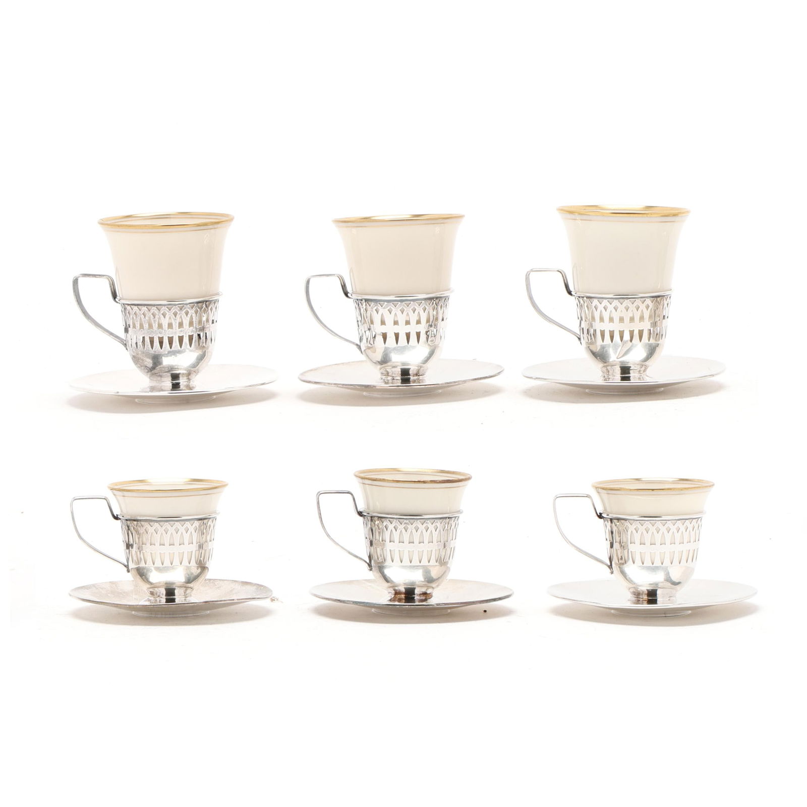Assembled Sterling Silver Demitasse Set: Assembled Sterling Silver Demitasse Setincludes (6) cups marked "Sterling"; (6) saucers marked "Sterling" and (4) additional sterling saucers with mark of Whiting. The set of (6) retaining (3) Lenox p