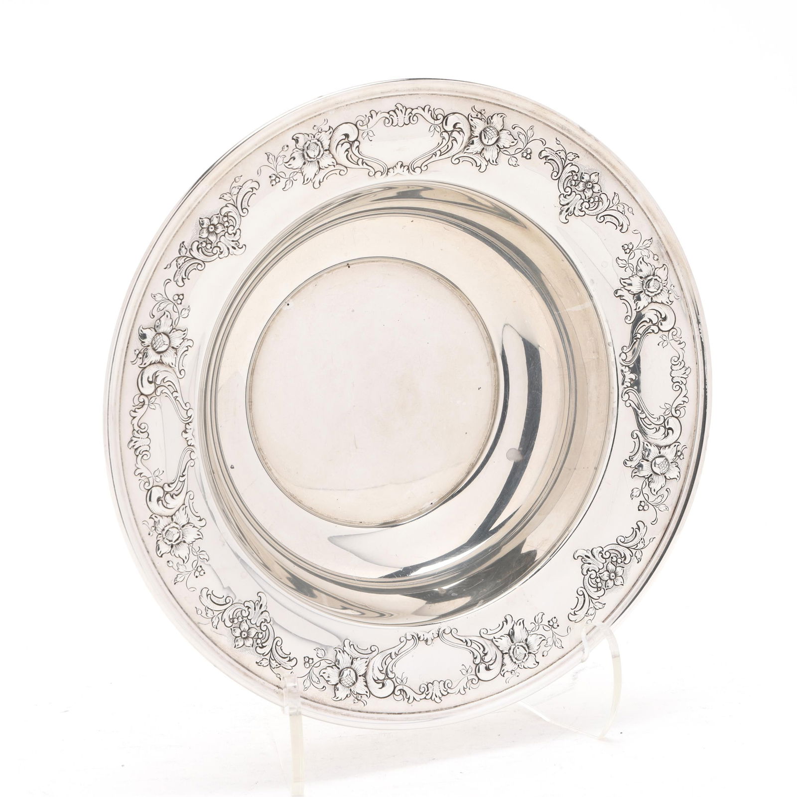 Gorham Chantilly Floral Sterling Silver Serving Bowl: Gorham Chantilly Floral Sterling Silver Serving Bowlpattern number 1027, not monogrammed. 10 in. dia. 10 troy oz. The Estate of Ruth & Milton Barber, Durham, North Carolina Additional high-resolution