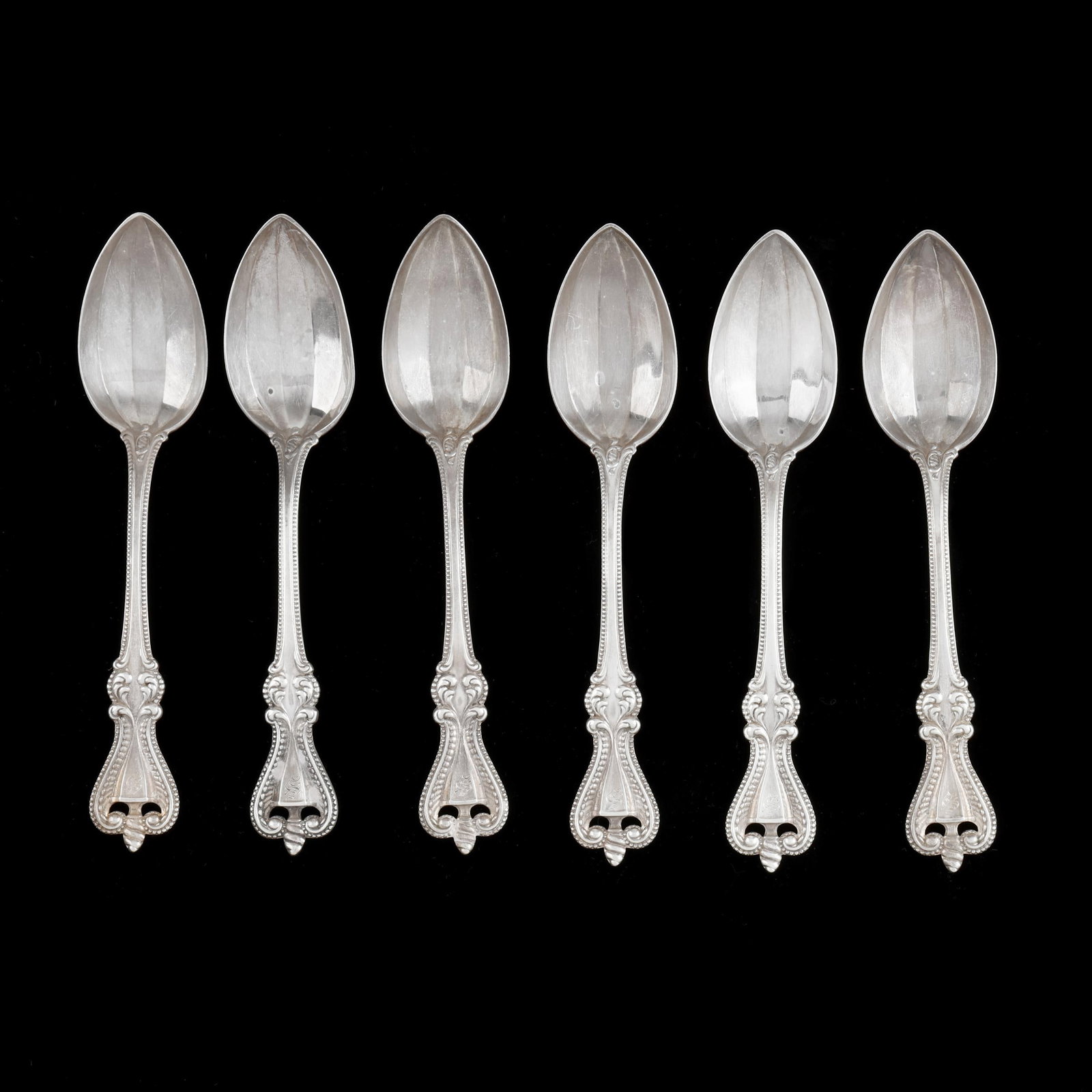 Set of Six Towle Old Colonial Fruit Spoons: Set of Six Towle Old Colonial Fruit Spoons patented 1895, with stylized "S" monogram to the handle. 5 5/8 in. 4.85 total troy oz. Additional high-resolution photos are available at