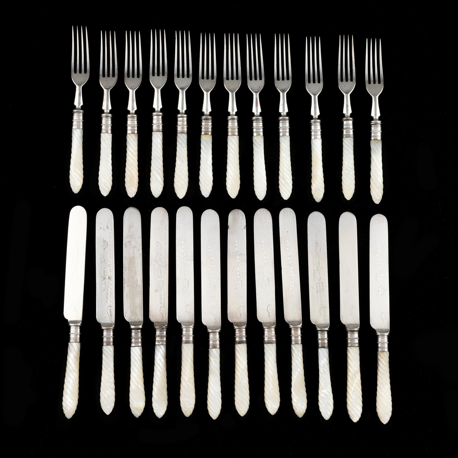 Antique Silver-Plated and Mother of Pearl Luncheon Service: Antique Silver-Plated and Mother of Pearl Luncheon Service (24) pieces to include, likely English, mark of R W & Co., service for (12) with etched decoration to the blades and tines, and uniform