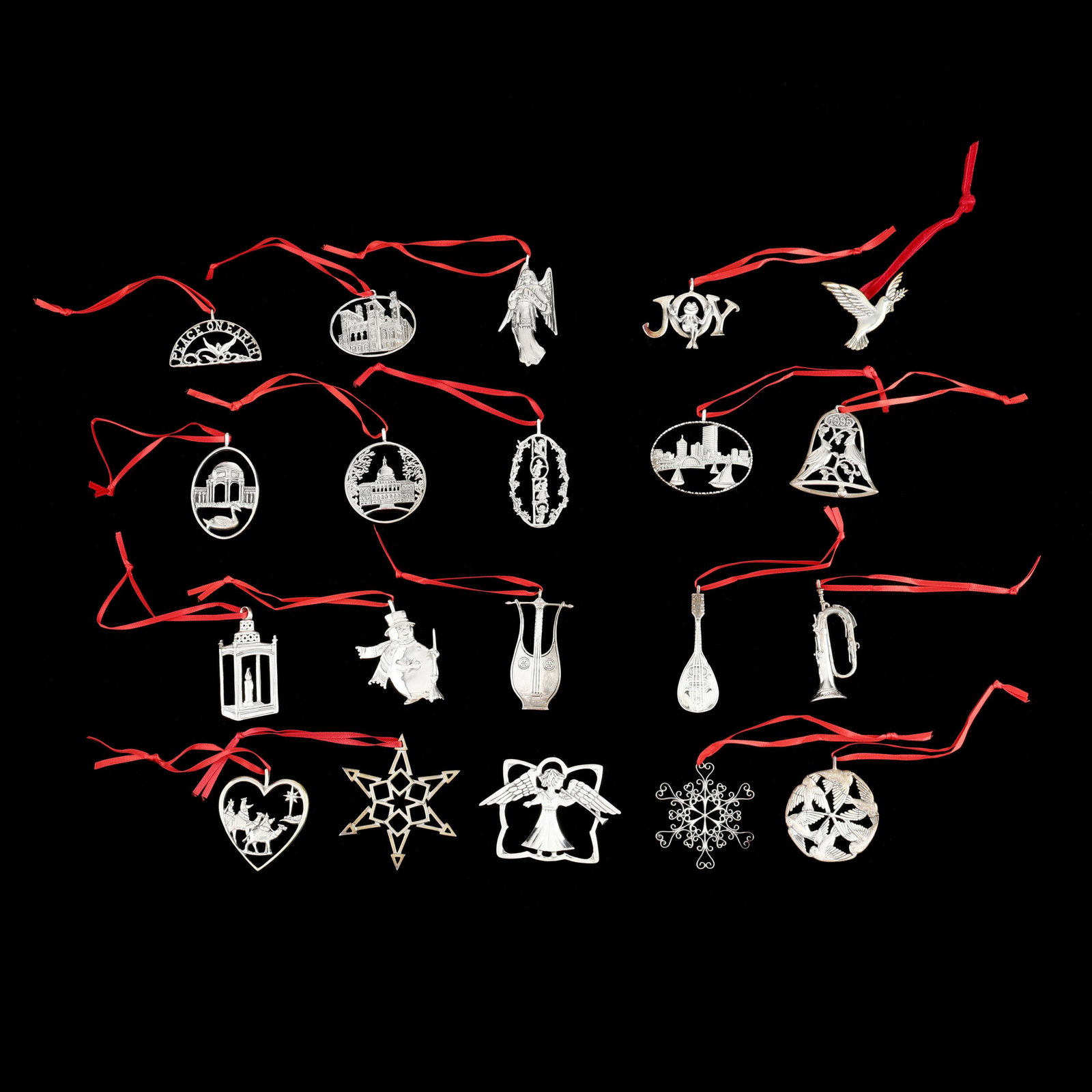 Collection of Hand and Hammer Sterling Silver Christmas Ornaments: Collection of Hand and Hammer Sterling Silver Christmas Ornamentslate 20th century, (20) to include: with (9) designed by Chip DeMatteo (4) for the Museum of Fine Arts, Boston; and (7) assorted design