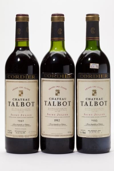 1982 & 1985 Chateau Talbot: 1982 & 1985 Chateau Talbot Vintage 1982, St. Julien, 1bn, 1hs, 1lbsl, 2 different importers (2) Vintage 1985, St. Julien, hs (1) 3 total bottles Provenance: Estate of the late Dr. Stewart P