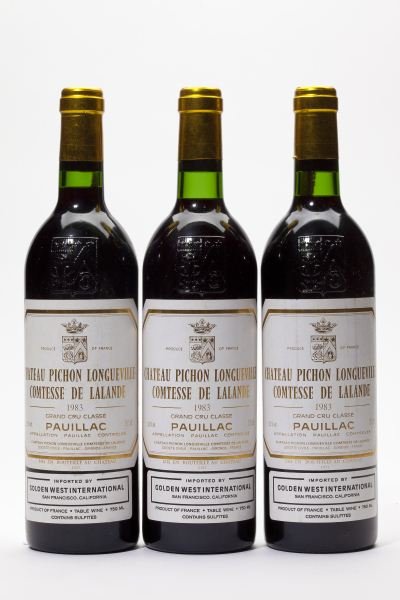 Chateau Pichon-Longueville, Lalande: Chateau Pichon-Longueville, Lalande "...Shows wonderful aromas of chocolate, berry and earth. Full-bodied, with full, velvety tannins and a sweet berry finish..."(92pts WS) 1983 3 bottles Pauillac 1 i