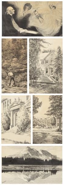 Claude Pritchard (NC, fl.1920-1950), Six Drawings: Claude Pritchard (NC, fl.1920-1950), Six Drawings black ink on paper, each signed, all behind mats in black wooden frames, to include: a mountain lake scene (DOA 16 x 22.25 in.); a mountain stream (DO