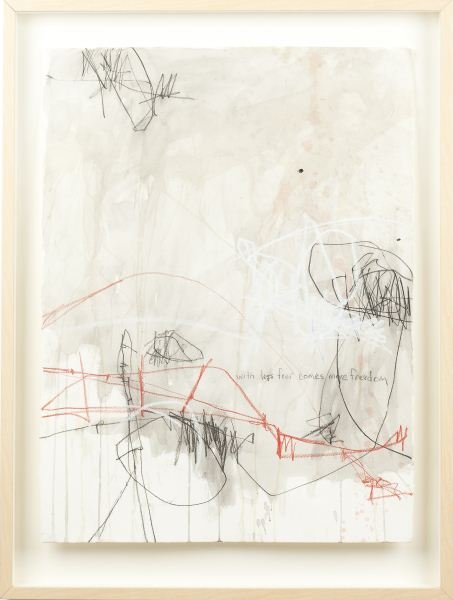 Jason Craighead (NC), Studio Floor Drawing 1: Jason Craighead (NC), Studio Floor Drawing 1mixed media, inscribed "with less fears comes more freedom," presented under plexiglass in a shadow box frame.Paper 30 x 22 in; DOA 26.5 x 27 in.Joe Rowand