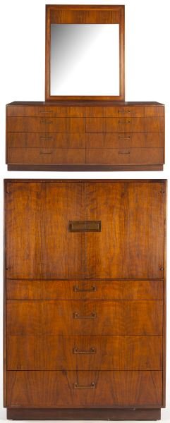 Jack Cartwright, Chest and Armoire: Jack Cartwright, Chest and Armoire(2) pieces, walnut and brass, for Founders furniture, armoire with two cabinet doors over four graduated drawers (54 x 36 x 19 in.); his/her dresser with eight drawer