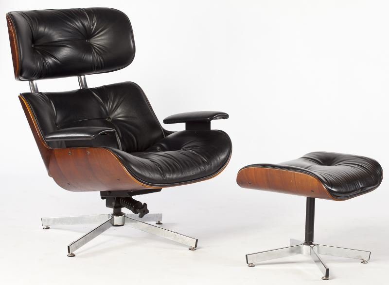 Plycraft Lounge Chair and Ottoman: Plycraft Lounge Chair and Ottoman teak, black naugahyde and chrome plated metal, swivel armchair with ottoman, Plycraft label to underside. Chair 38 x 32 x 28 in.; ottoman 17 x 21 x 17 in. Private Col