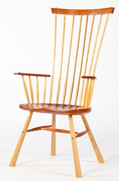 Michael Brown, Contemporary Windsor Chair: Michael Brown, Contemporary Windsor Chairwalnut and ash, tall back with free standing arms, signed under seat "MB", hand crafted in Grantsboro, NC.47 x 27.5 x 17 in."I make my chairs the way the earli