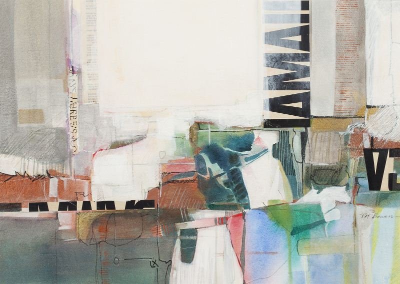 Pat Bowers (NC, b. 1937), "Atlantan": Pat Bowers (NC, b. 1937), "Atlantan"mixed media with acrylic and watercolor, signed at lower right, matted and framed under plexiglass.SS 17 x 24 in.; DOA 25.5 x 32 in.This work was awarded several Be